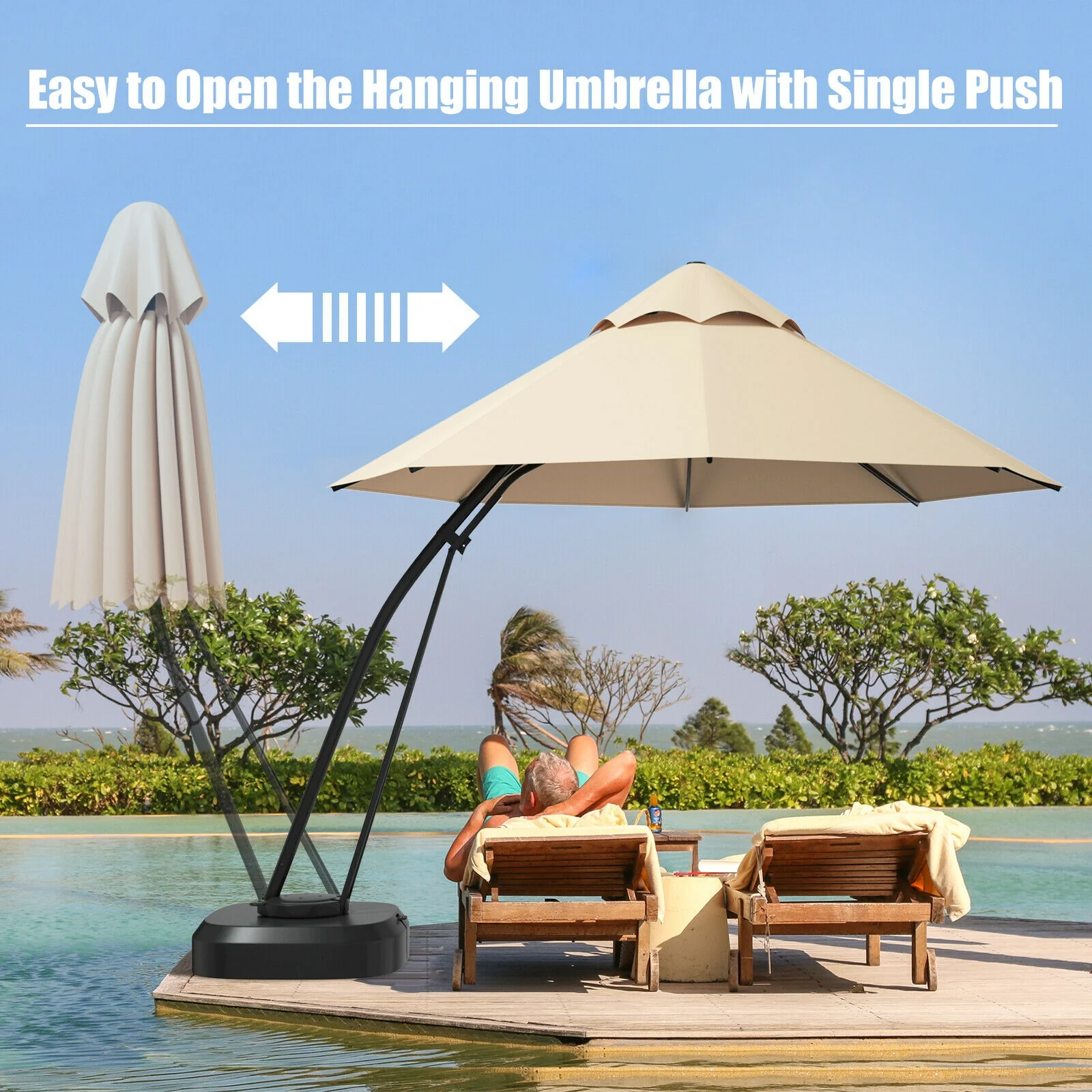 11 Feet Outdoor Cantilever Hanging Umbrella, Beige - Image 10