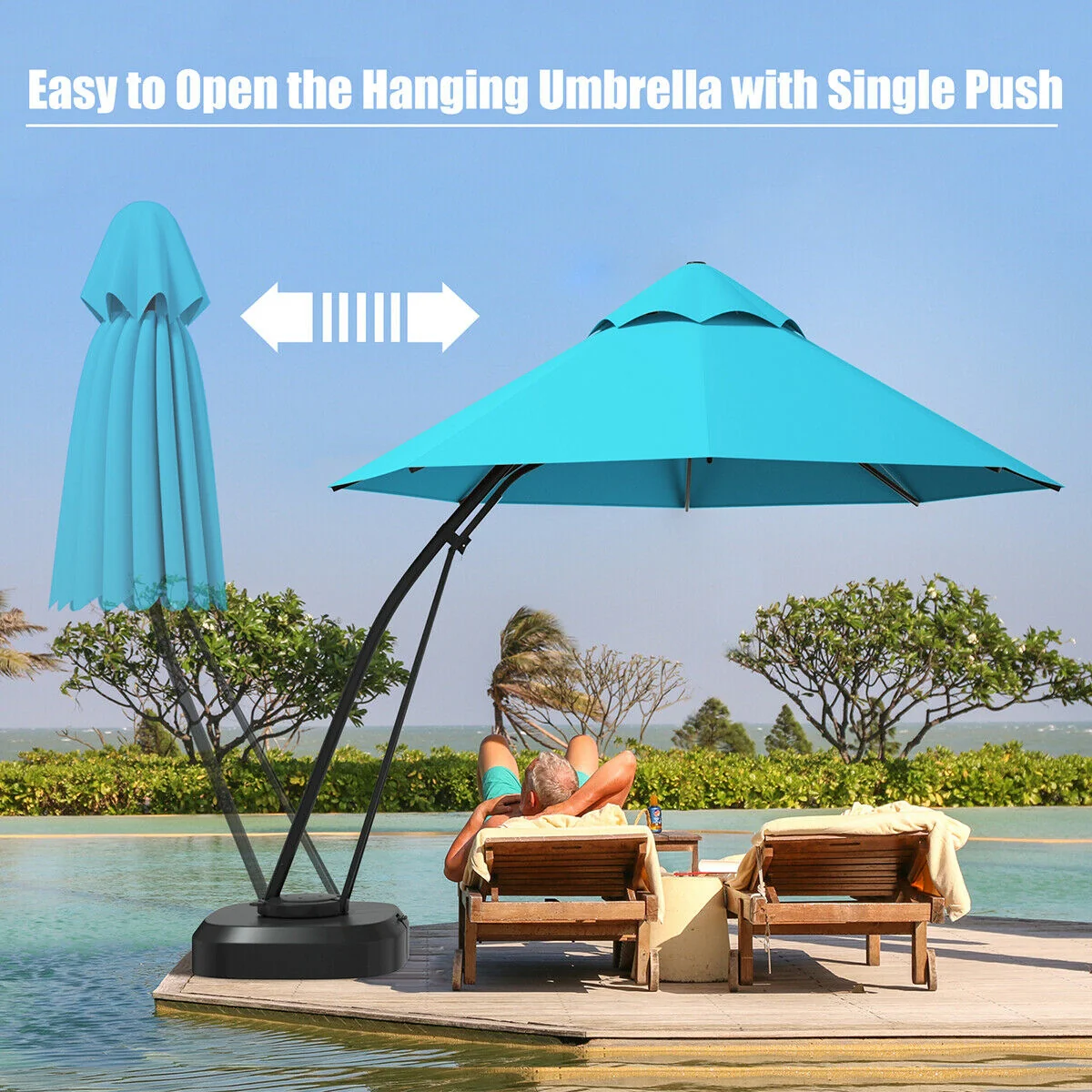 11 Feet Outdoor Cantilever Hanging Umbrella, Turquoise - Image 10