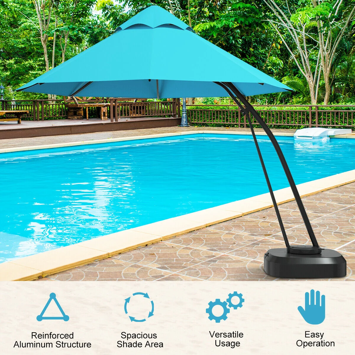 11 Feet Outdoor Cantilever Hanging Umbrella, Turquoise - Image 3