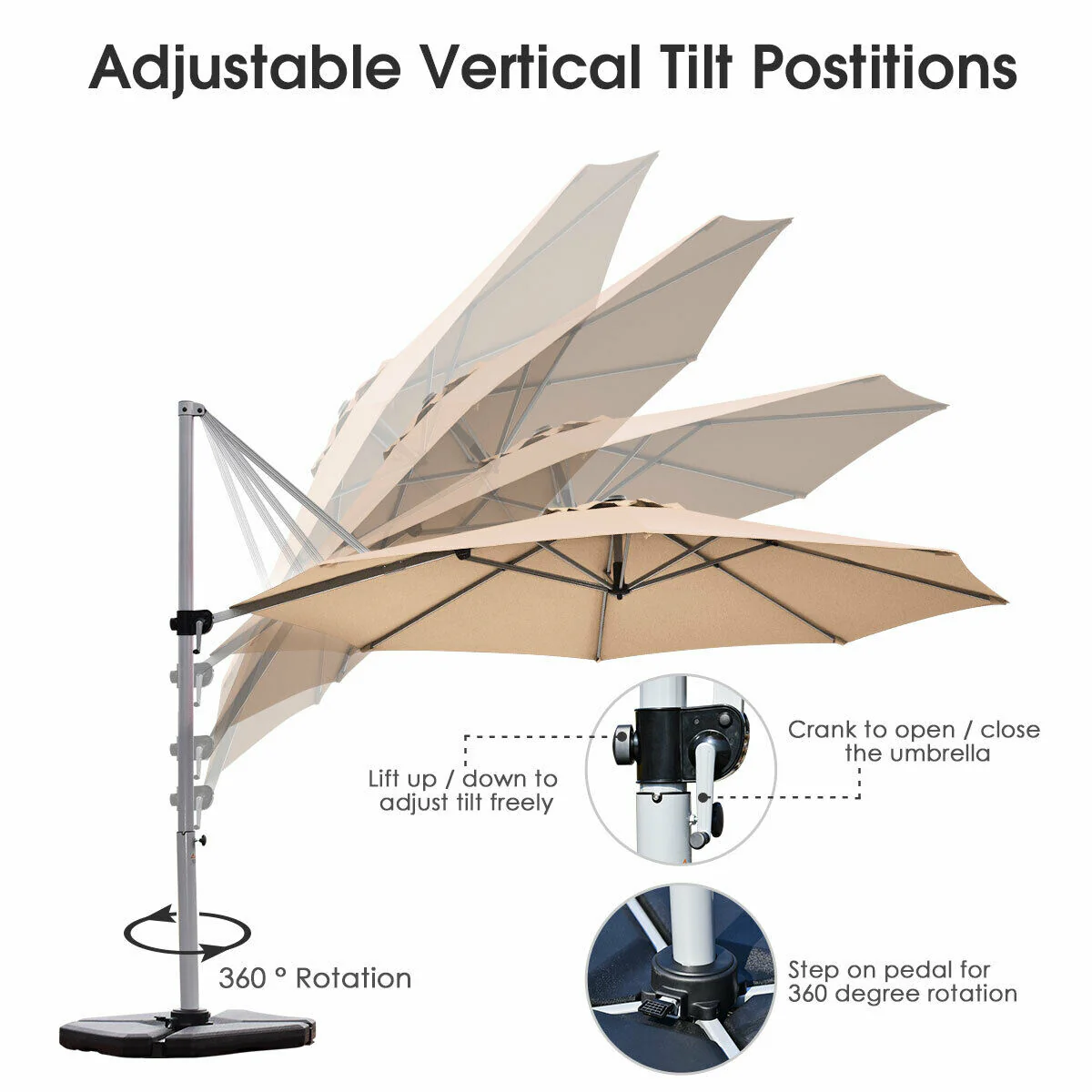 11 Feet Patio Offset Cantilever Umbrella, 360 Rotation Aluminum Tilt, Beige - Image 10