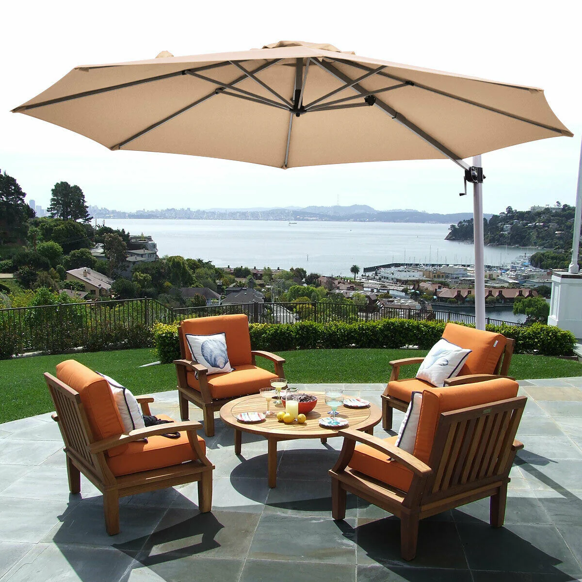 11 Feet Patio Offset Cantilever Umbrella, 360 Rotation Aluminum Tilt, Beige - Image 2