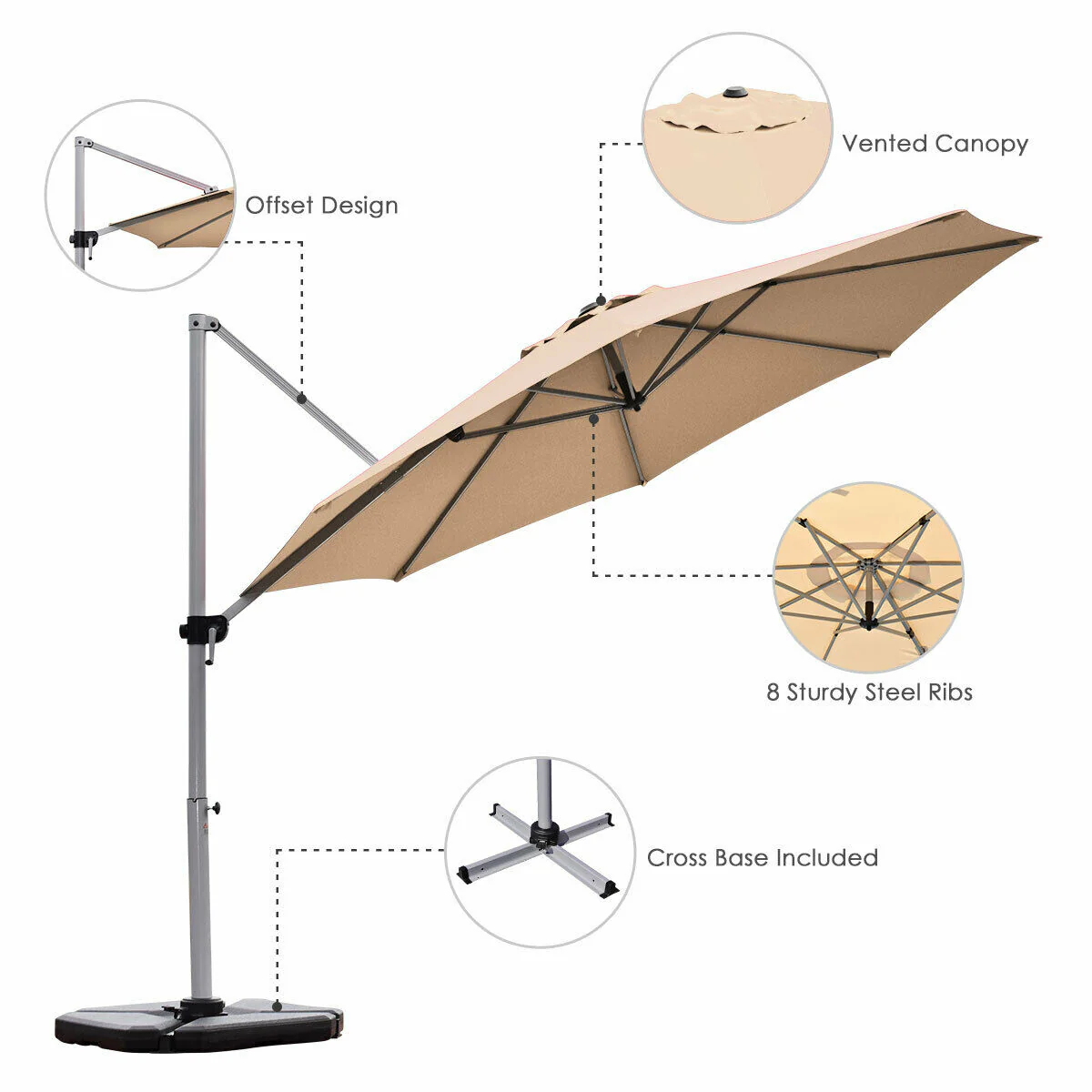11 Feet Patio Offset Cantilever Umbrella, 360 Rotation Aluminum Tilt, Beige - Image 6