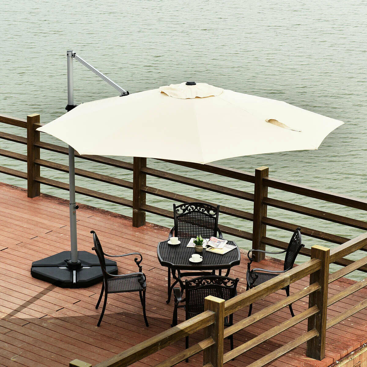 11 Feet Patio Offset Cantilever Umbrella, 360 Rotation Aluminum Tilt, Beige - Image 8