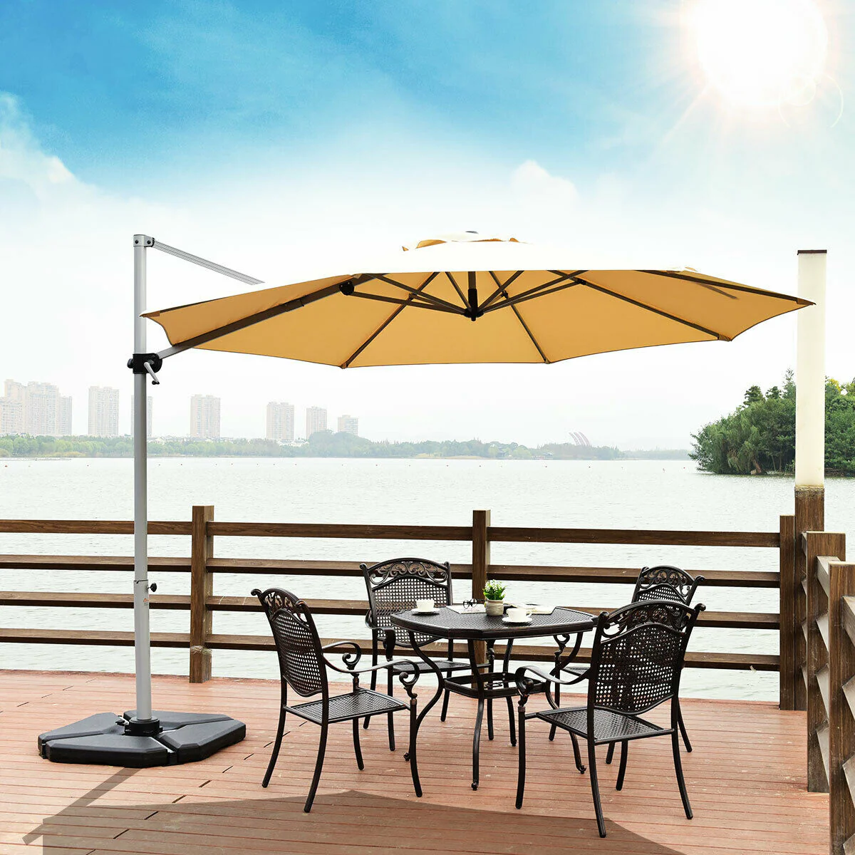 11 Feet Patio Offset Cantilever Umbrella, 360 Rotation Aluminum Tilt, Beige - Image 9