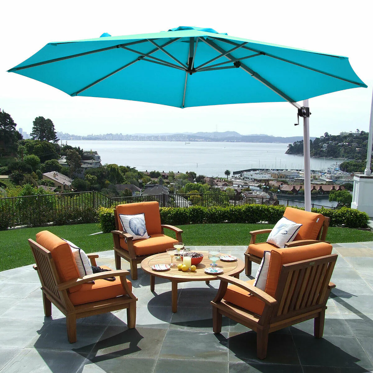 11 Feet Patio Offset Cantilever Umbrella 360° Rotation Aluminum Tilt, Blue - Image 2