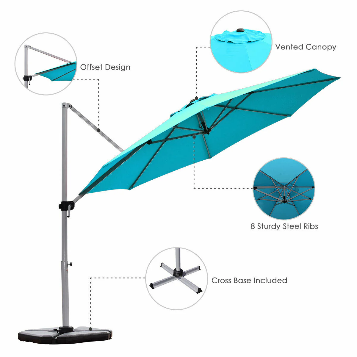 11 Feet Patio Offset Cantilever Umbrella 360° Rotation Aluminum Tilt, Blue - Image 6