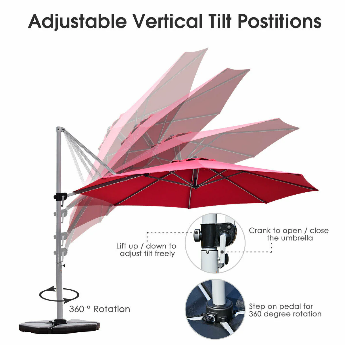 11 Feet Patio Umbrella, 360 Rotation Aluminum Tilt, Red - Image 9