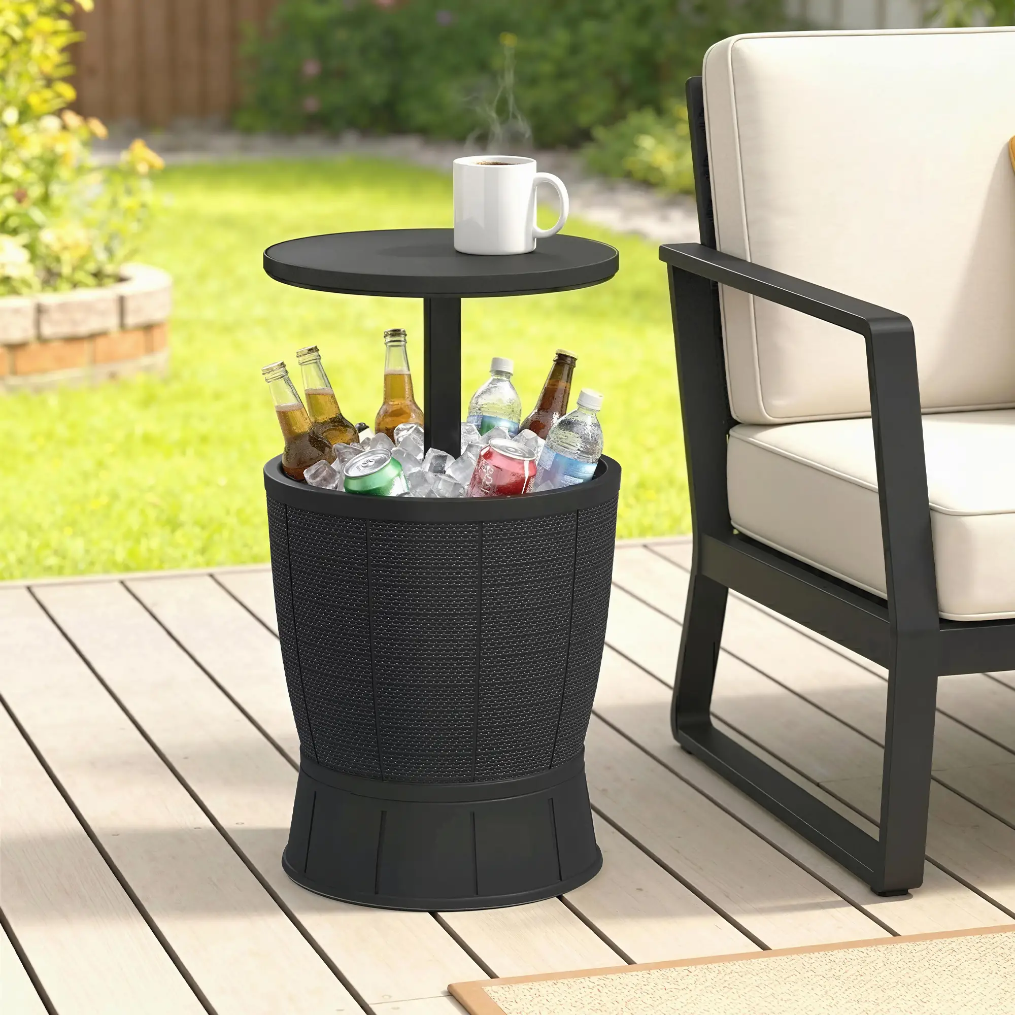 11 Gallon Patio Cooler Side Table, Adjustable Top, Drainage Plug, Black - Image 2