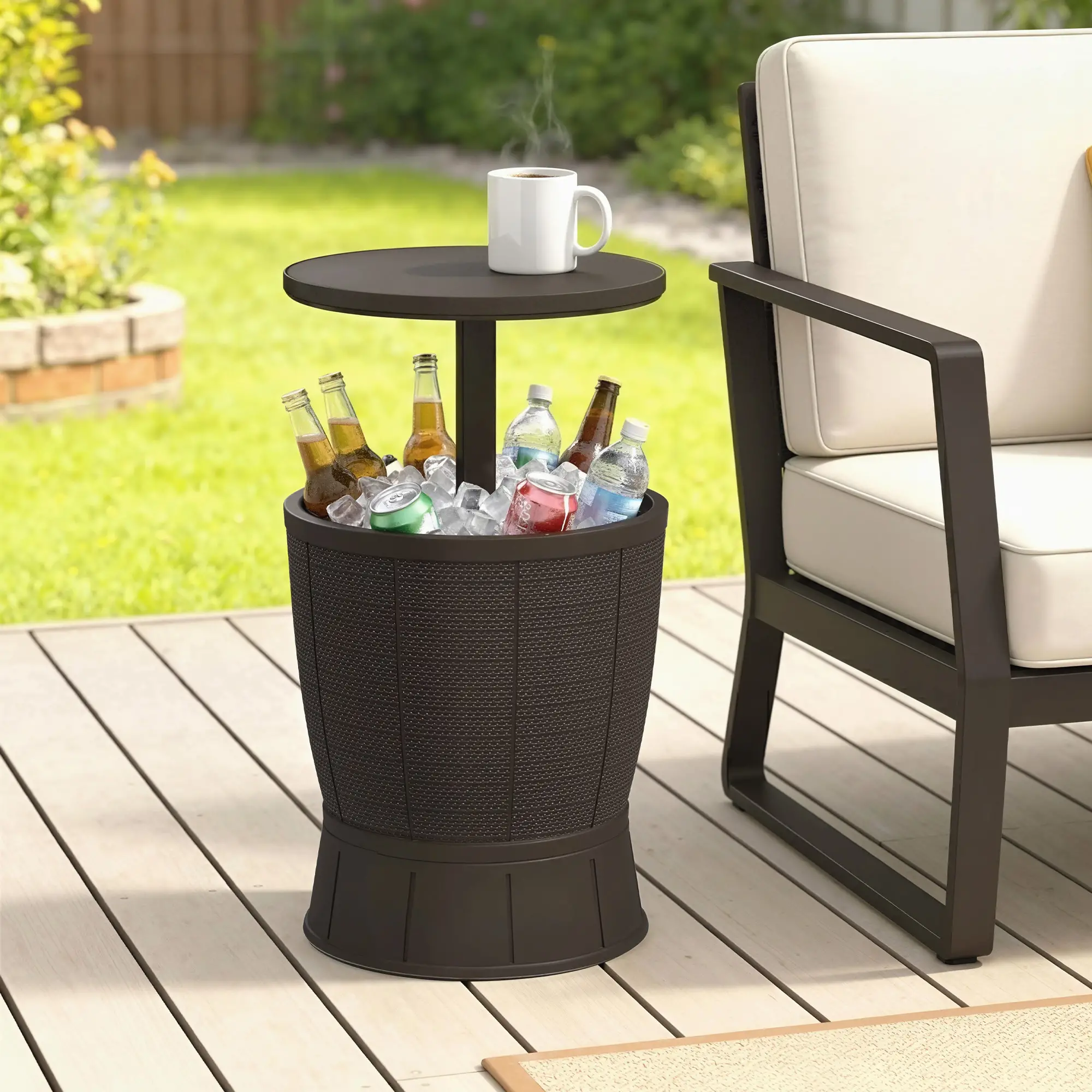11 Gallon Patio Cooler Side Table, Height Adjustable Top, Drainage Plug, Brown - Image 2