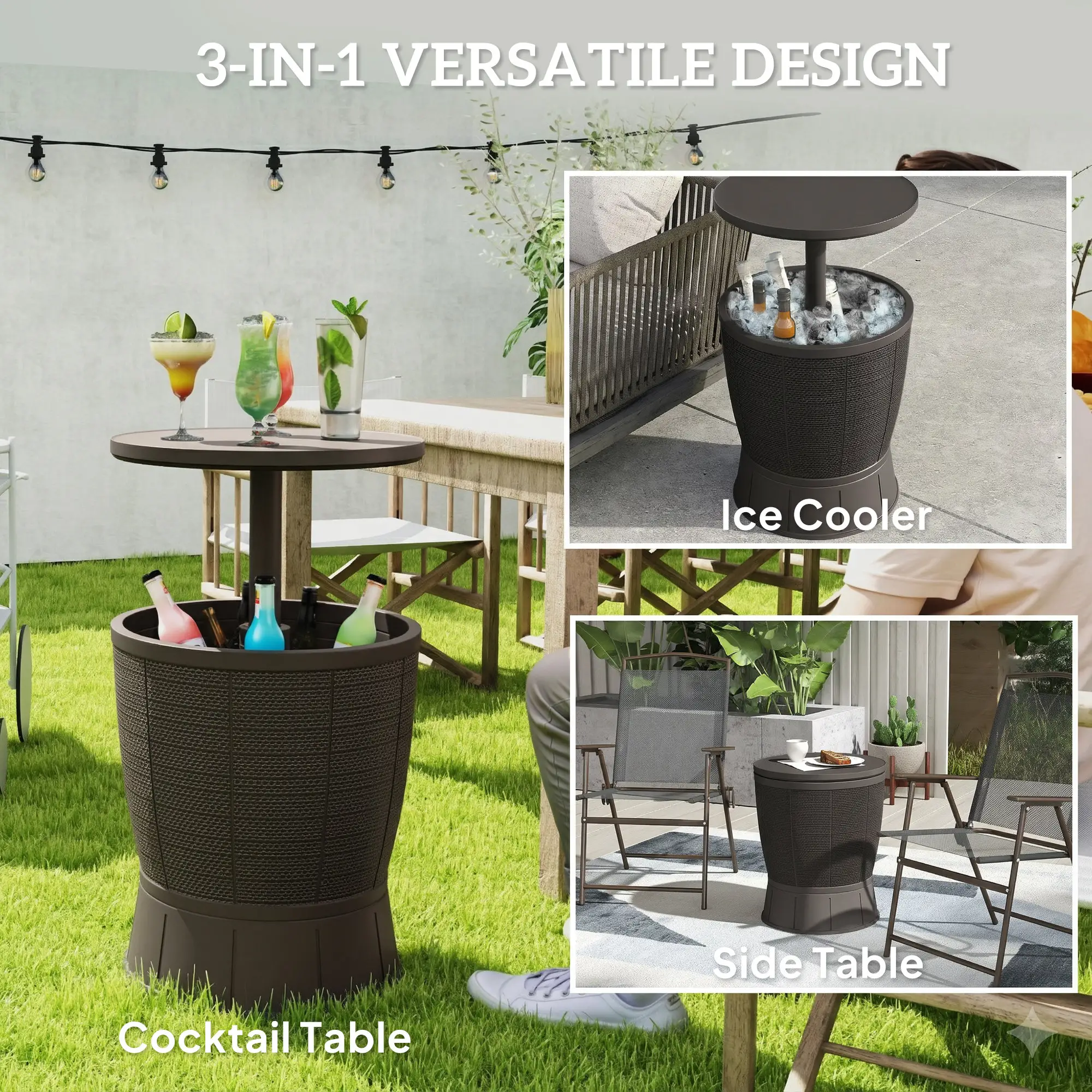 11 Gallon Patio Cooler Side Table, Height Adjustable Top, Drainage Plug, Brown - Image 4