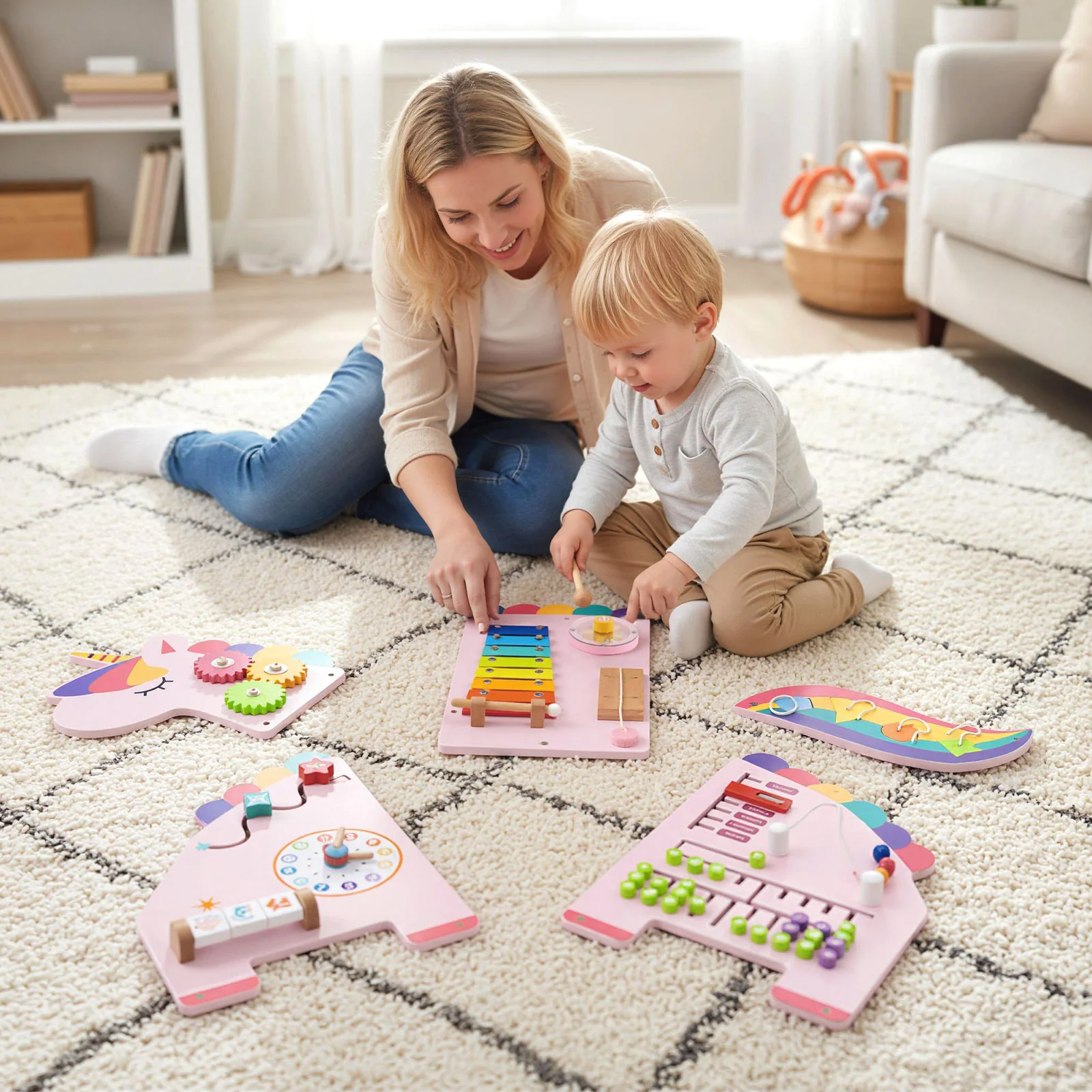 11-in-1 Dinosaur Busy Board, Toddler Activity Wall Panel, Pink - Image 3