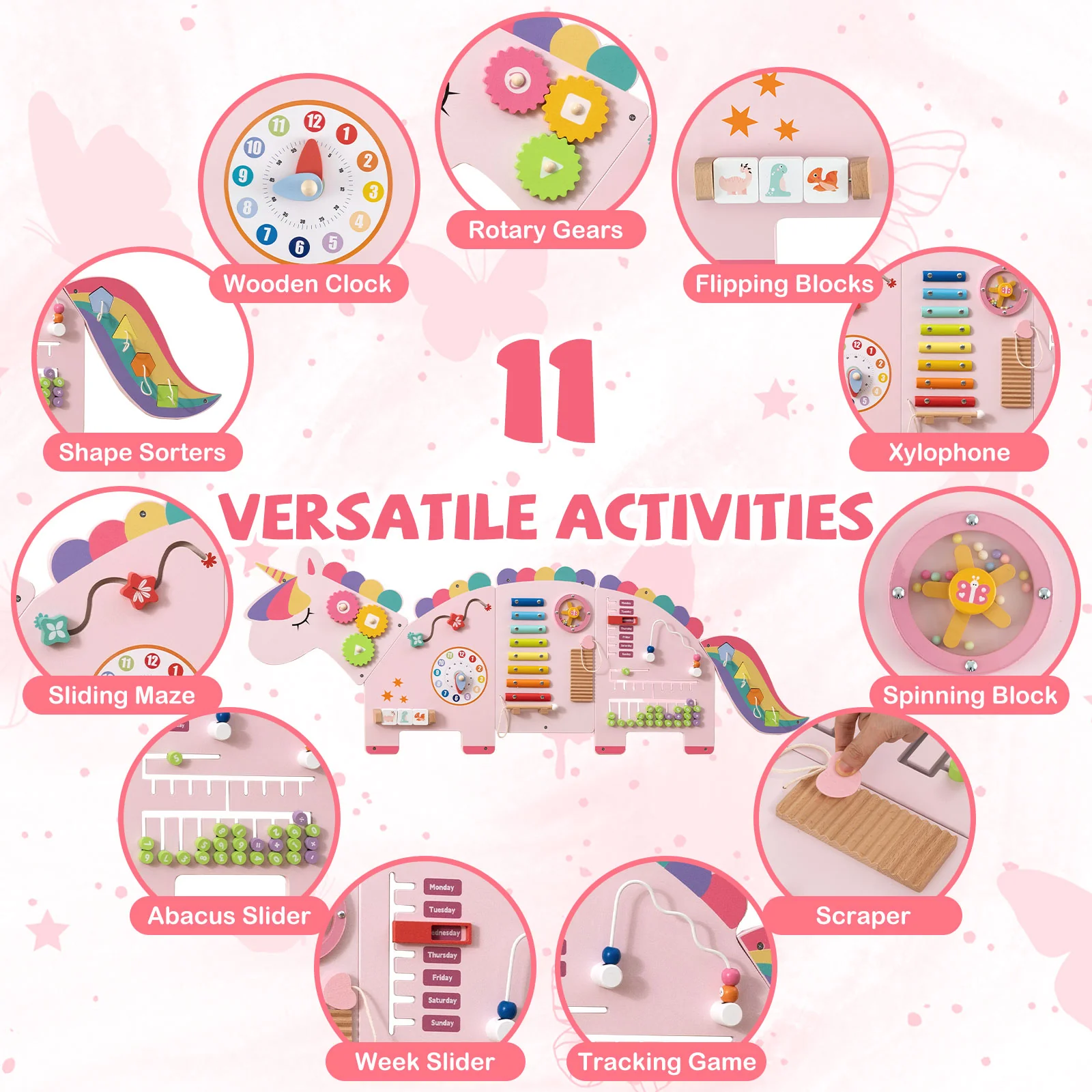 11-in-1 Dinosaur Busy Board, Toddler Activity Wall Panel, Pink - Image 8