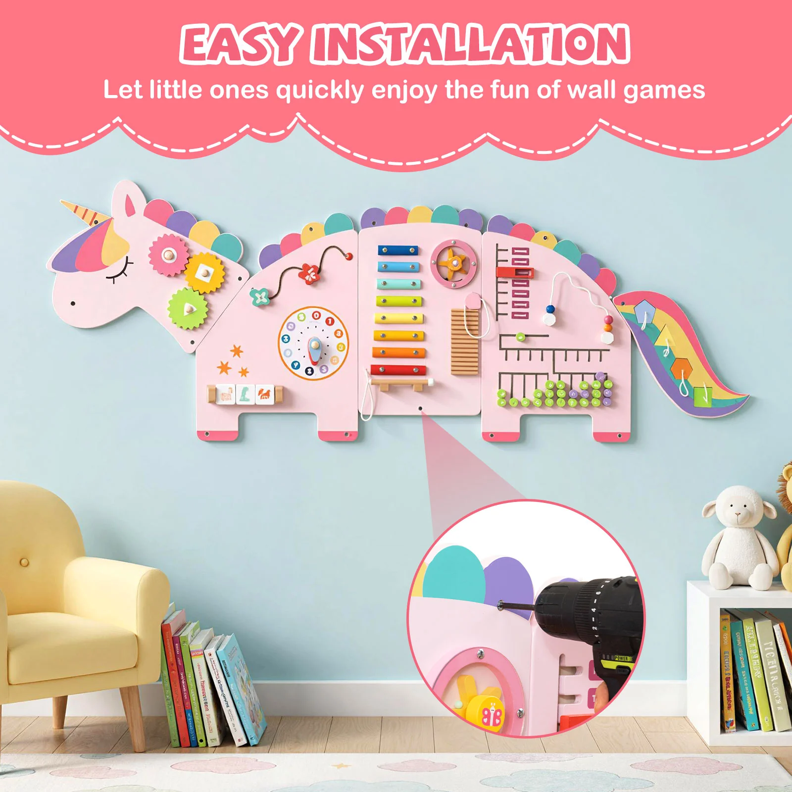 11-in-1 Dinosaur Busy Board, Toddler Activity Wall Panel, Pink - Image 9
