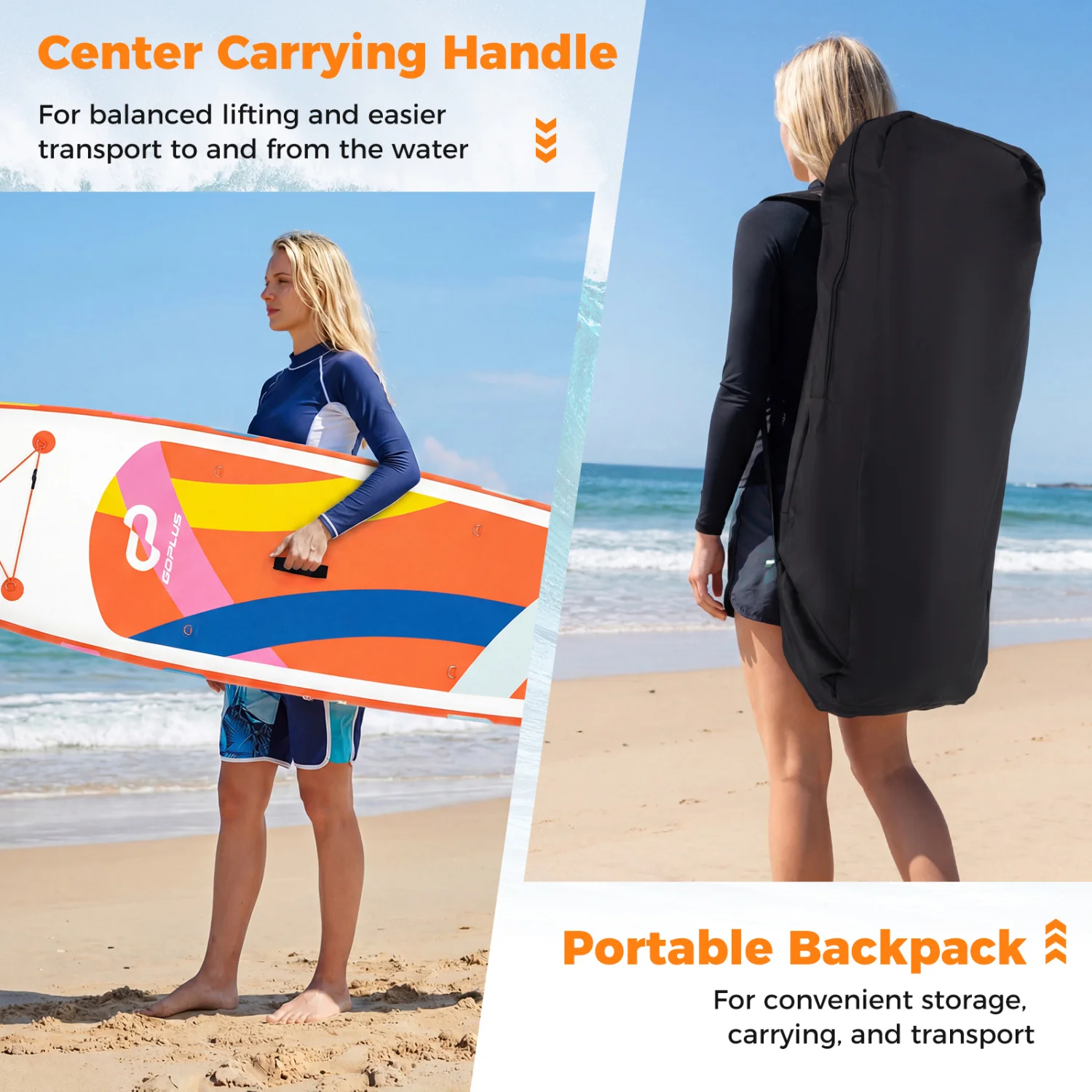 11' Inflatable Stand Up Paddle Board, With Backpack, Orange - Image 9