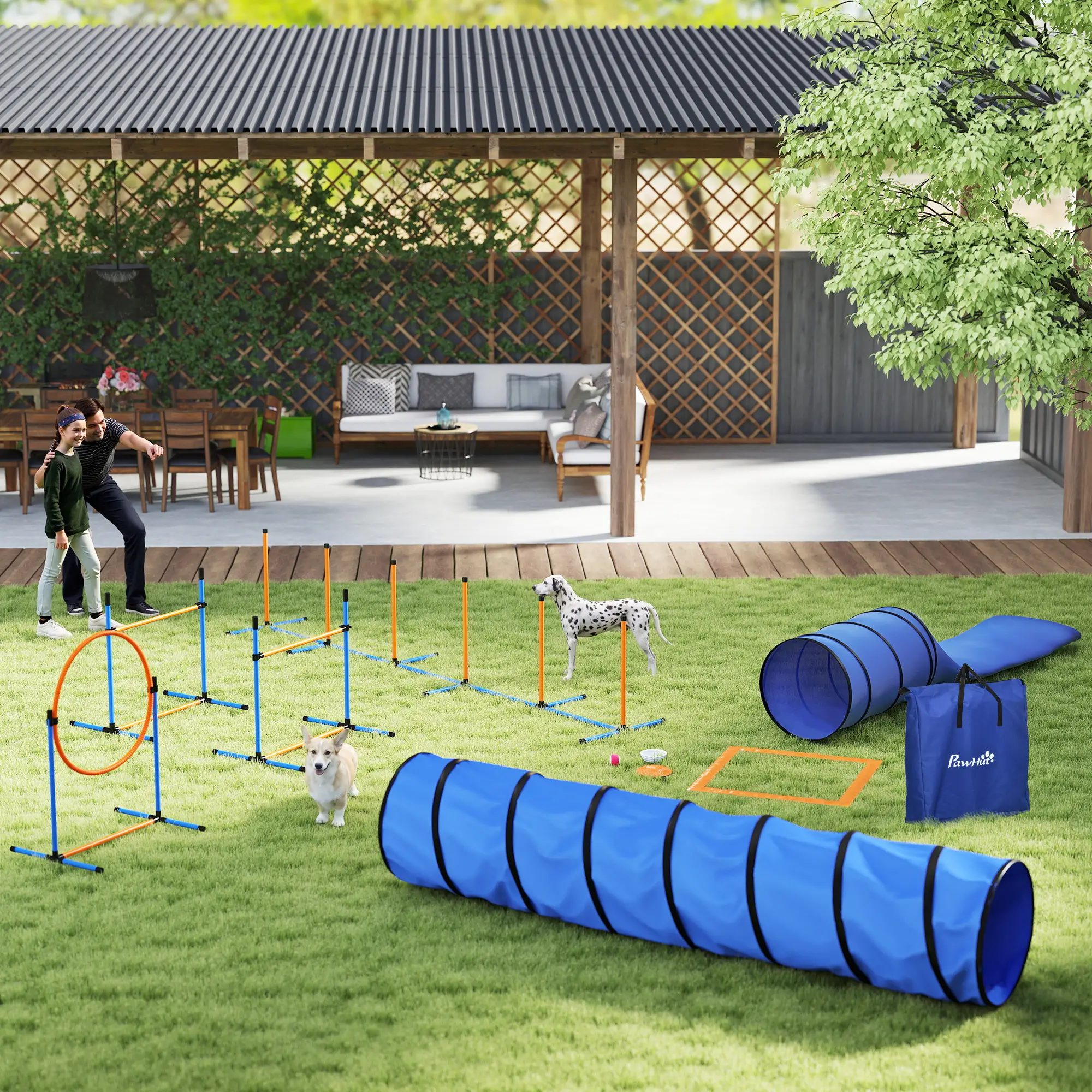 11-Piece Dog Agility Training Set, 2 Tunnels, Adjustable Jumps, Orange Blue - Image 2