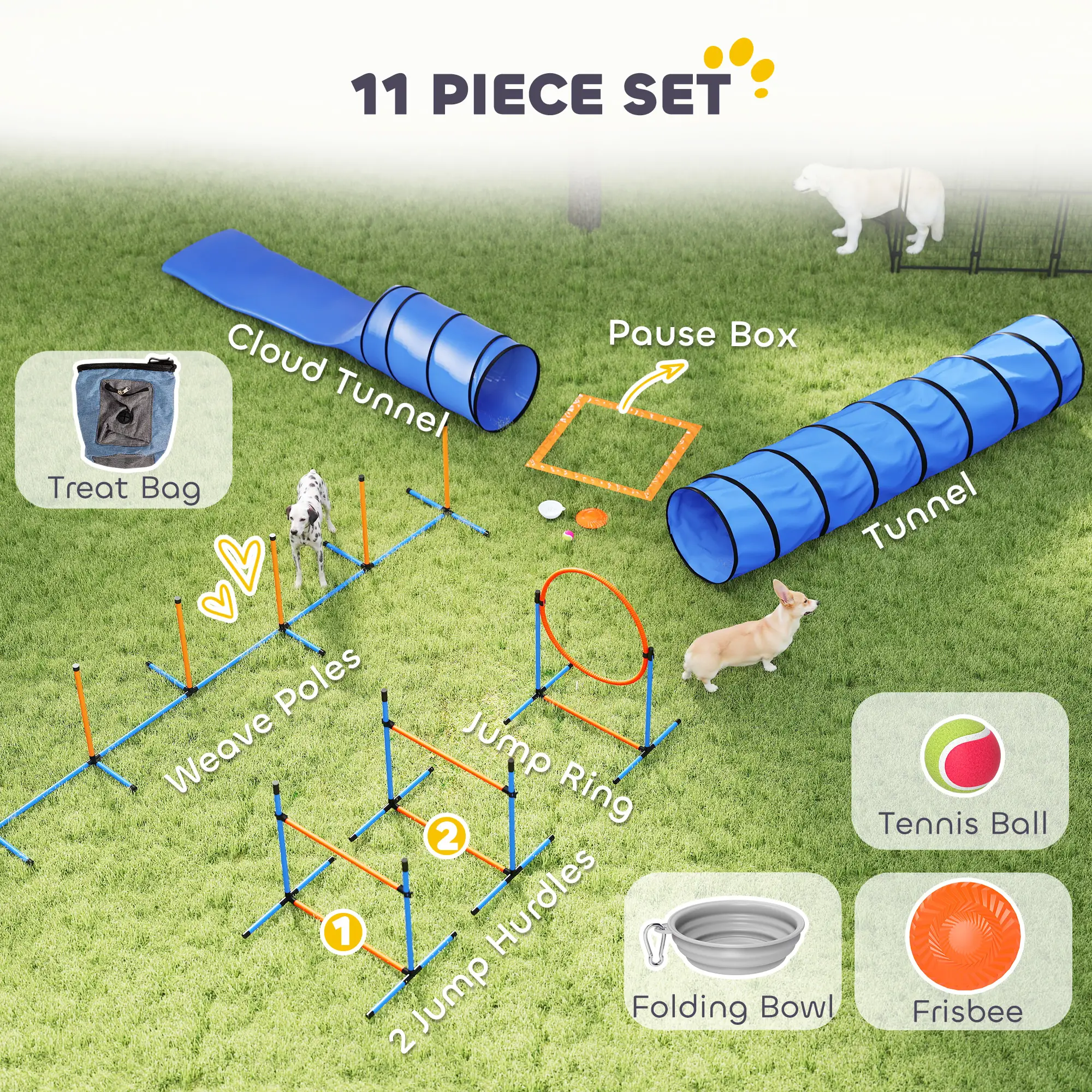 11-Piece Dog Agility Training Set, 2 Tunnels, Adjustable Jumps, Orange Blue - Image 4