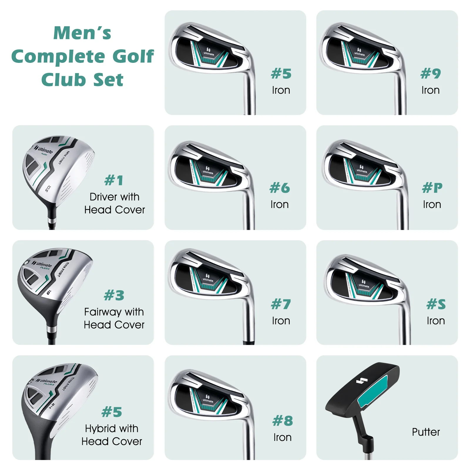 11 Piece Golf Club Set, Green - Image 10