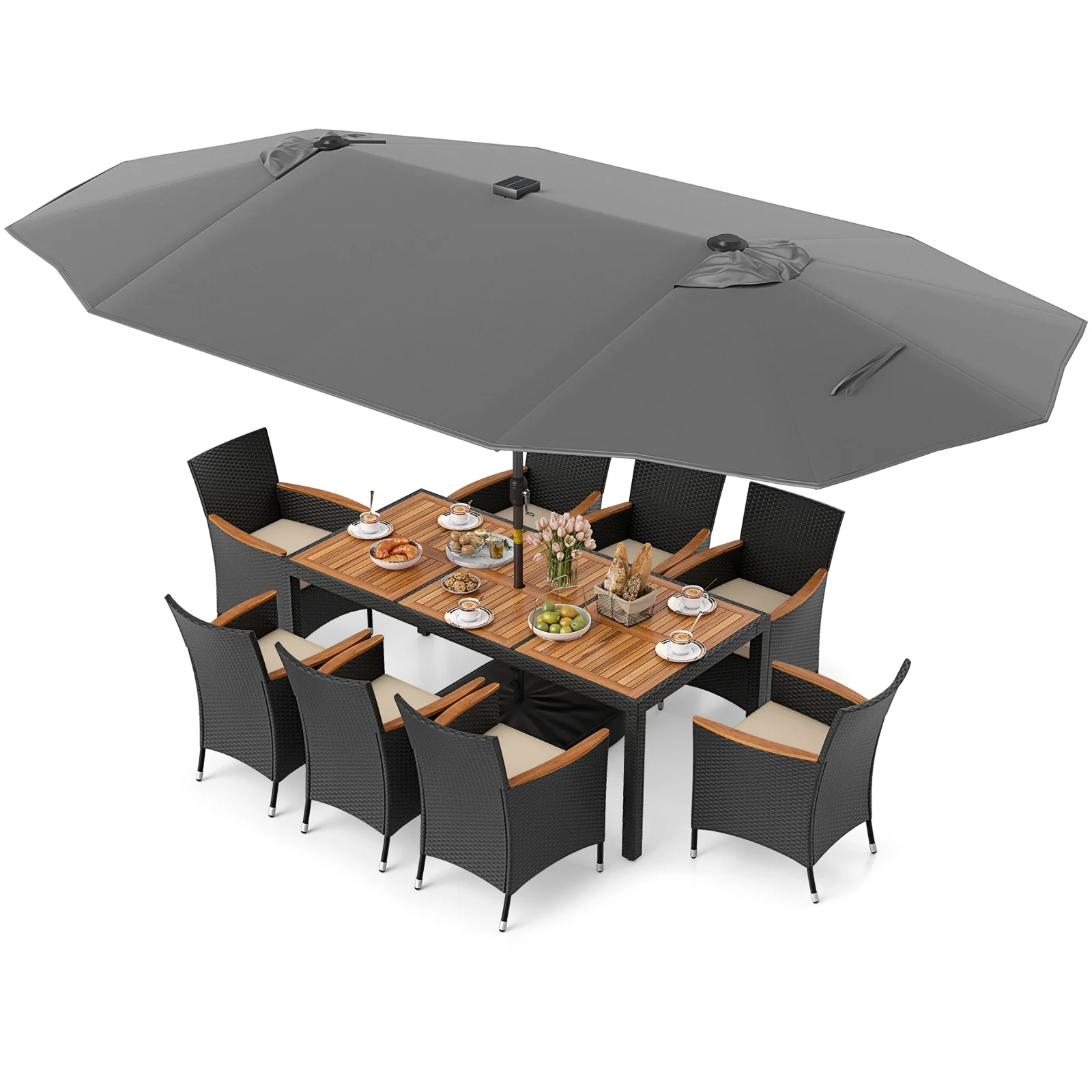 11 Piece Patio Dining Set, LED Umbrella, Base, Seat Cushions, Beige, Gray