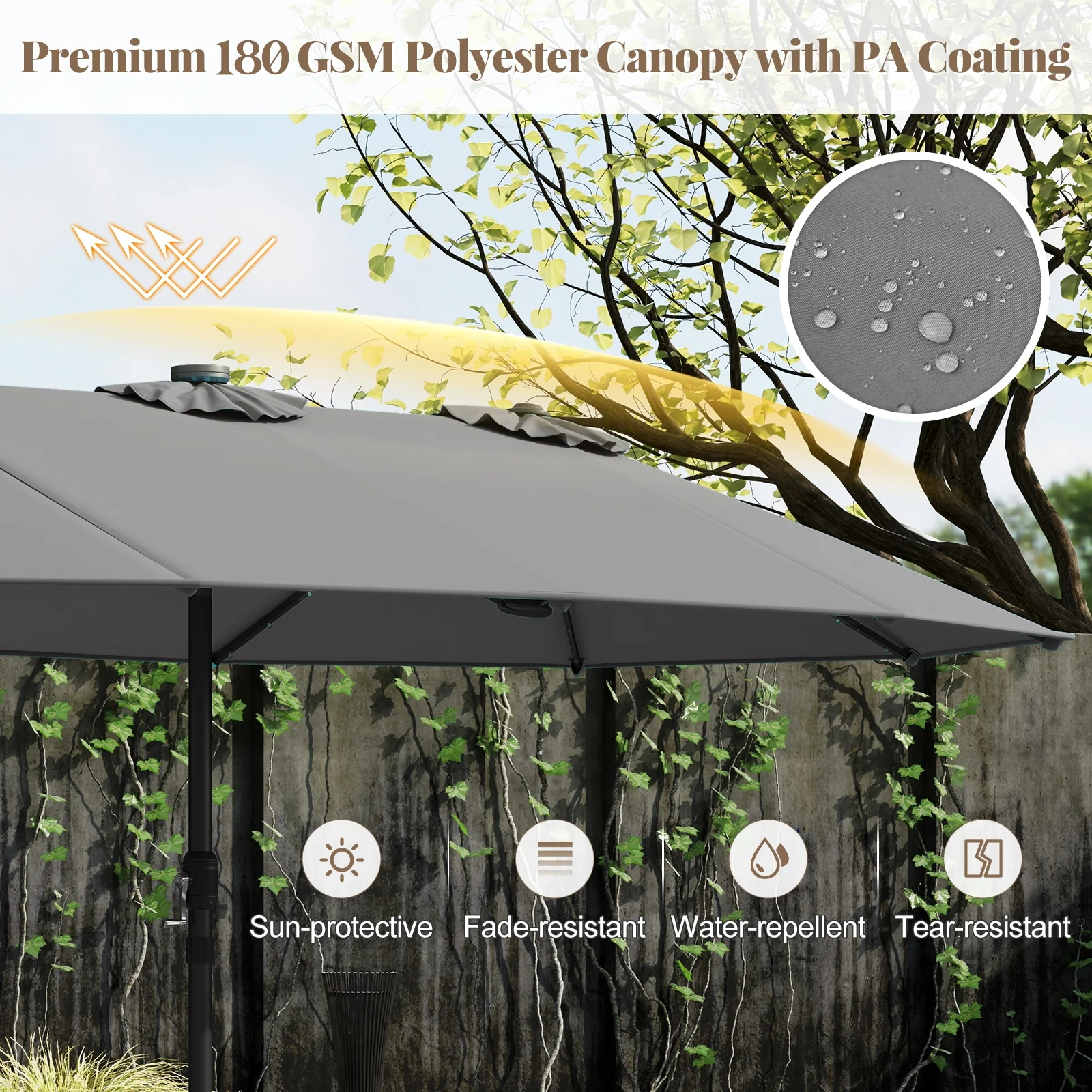 11 Piece Patio Dining Set, LED Umbrella, Base, Seat Cushions, Beige, Gray - Image 10