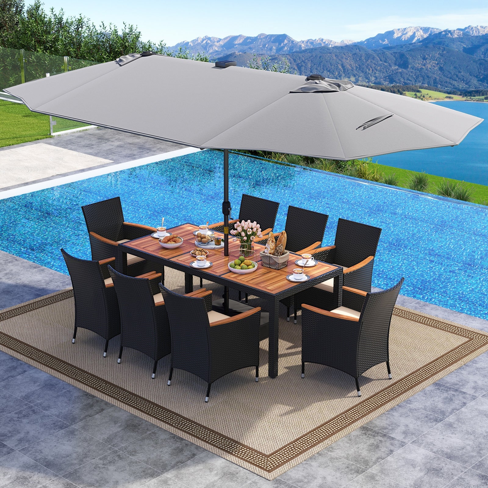 11 Piece Patio Dining Set, LED Umbrella, Base, Seat Cushions, Beige, Gray - Image 2