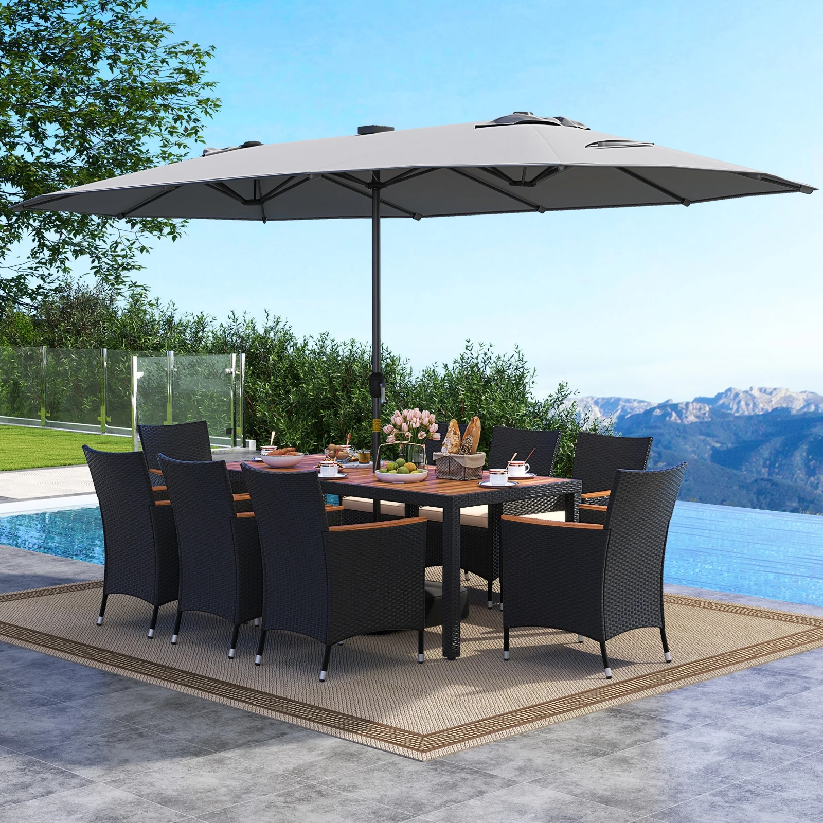 11 Piece Patio Dining Set, LED Umbrella, Base, Seat Cushions, Beige, Gray - Image 3