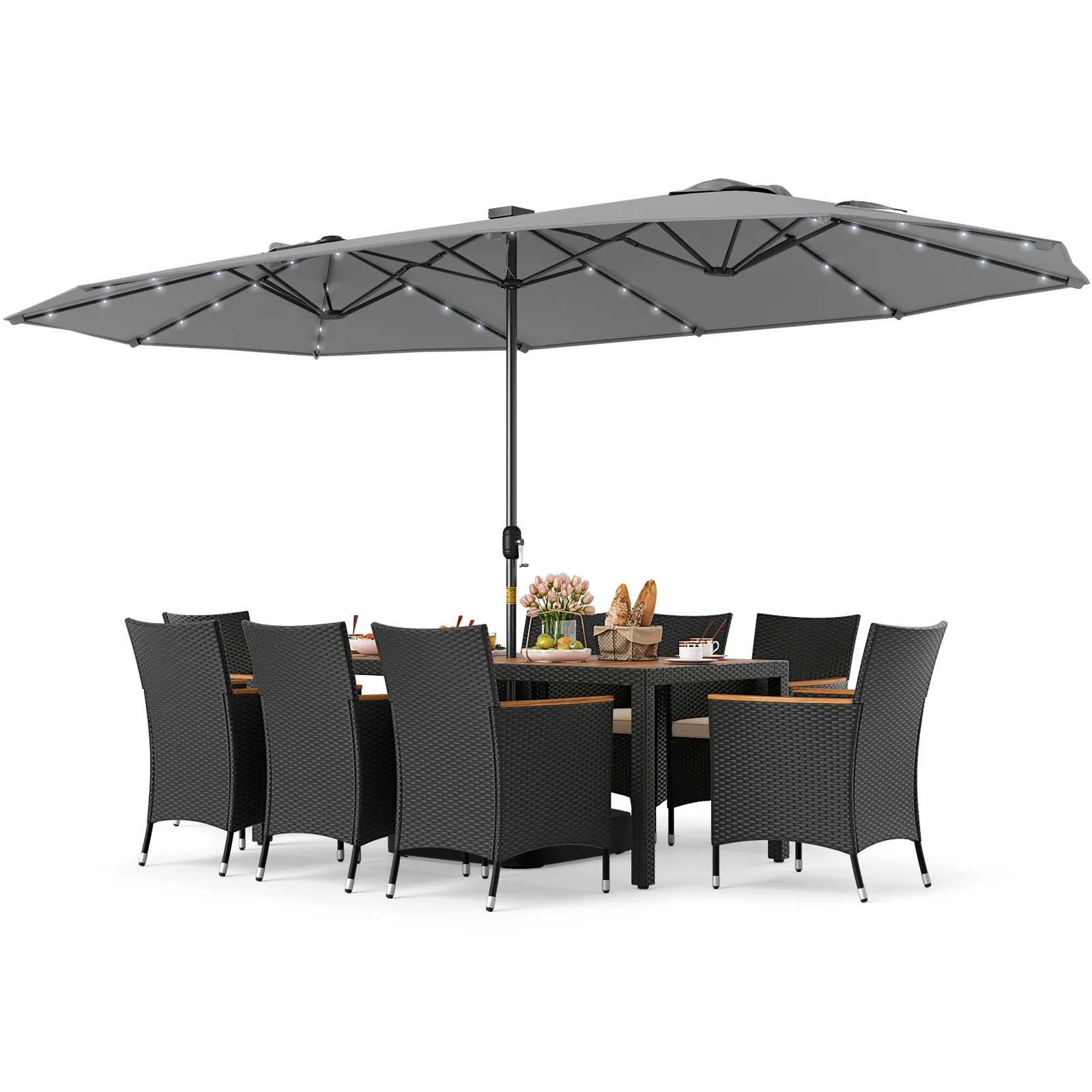 11 Piece Patio Dining Set, LED Umbrella, Base, Seat Cushions, Beige, Gray - Image 5