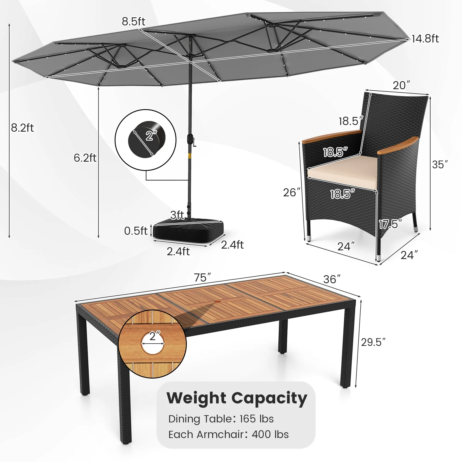 11 Piece Patio Dining Set, LED Umbrella, Base, Seat Cushions, Beige, Gray - Image 6