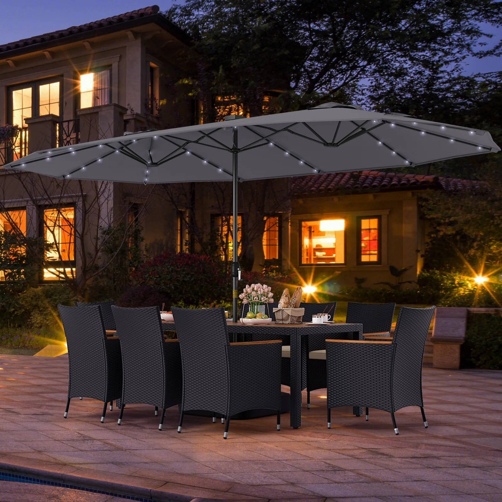 11 Piece Patio Dining Set, LED Umbrella, Base, Seat Cushions, Beige, Gray - Image 7