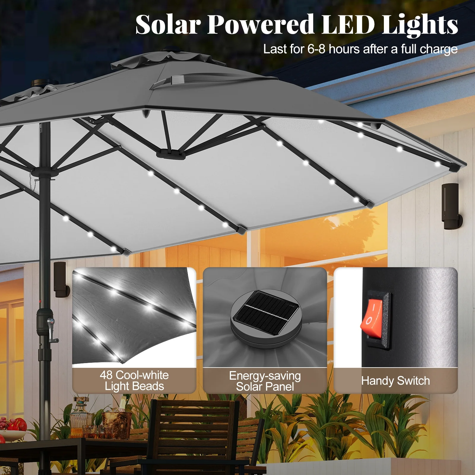 11 Piece Patio Dining Set, LED Umbrella, Base, Seat Cushions, Beige, Gray - Image 8