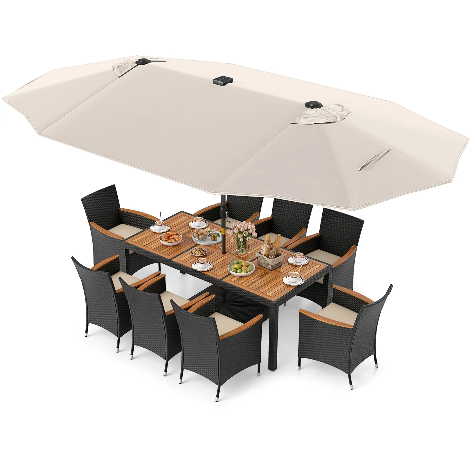11 Piece Patio Dining Set With LED Umbrella, Base, Cushions, Beige
