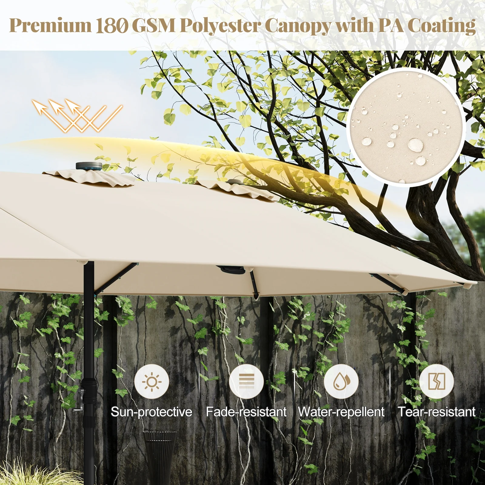 11 Piece Patio Dining Set With LED Umbrella, Base, Cushions, Beige - Image 10
