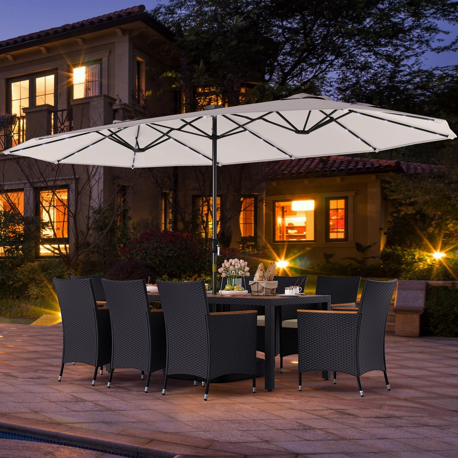 11 Piece Patio Dining Set With LED Umbrella, Base, Cushions, Beige - Image 2