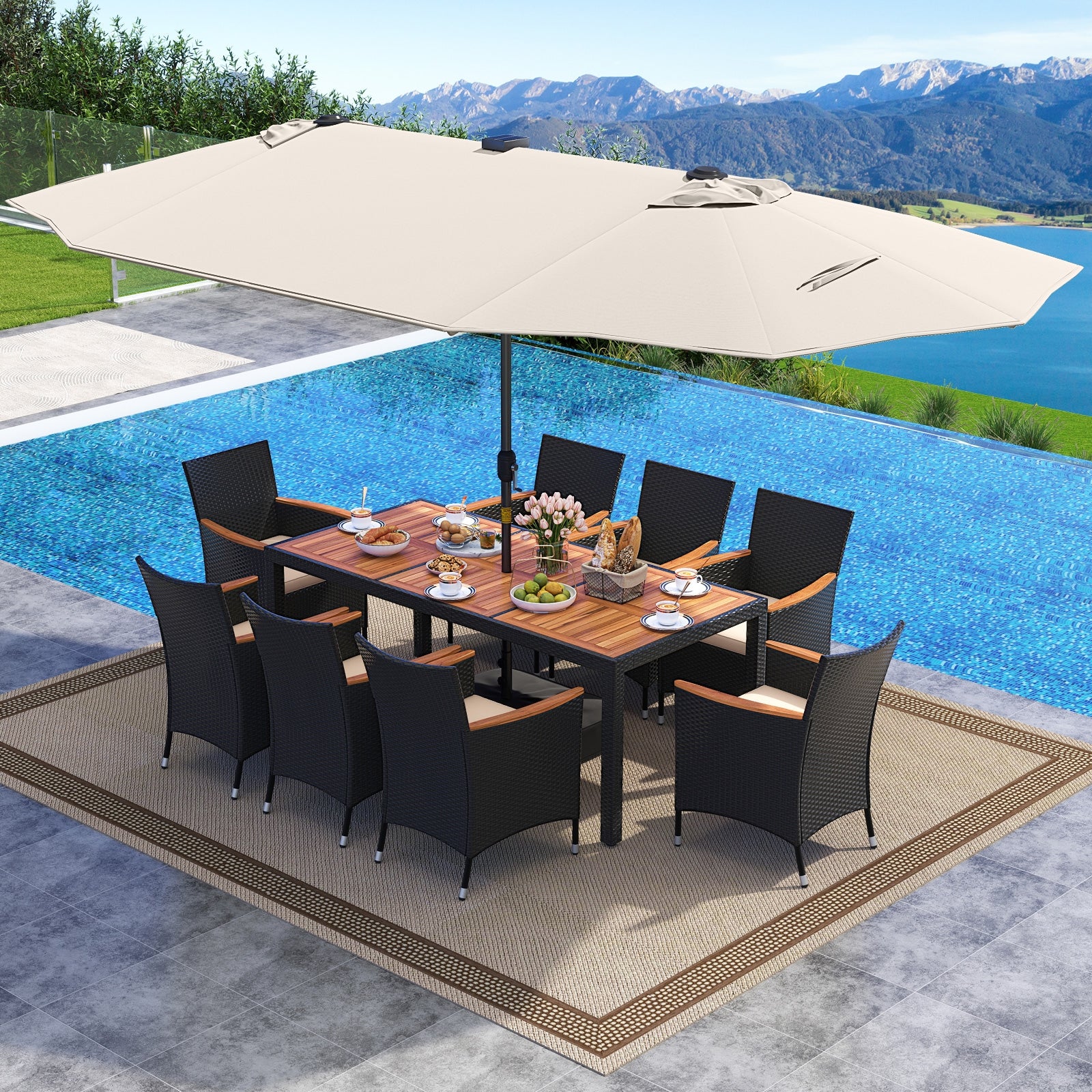 11 Piece Patio Dining Set With LED Umbrella, Base, Cushions, Beige - Image 3