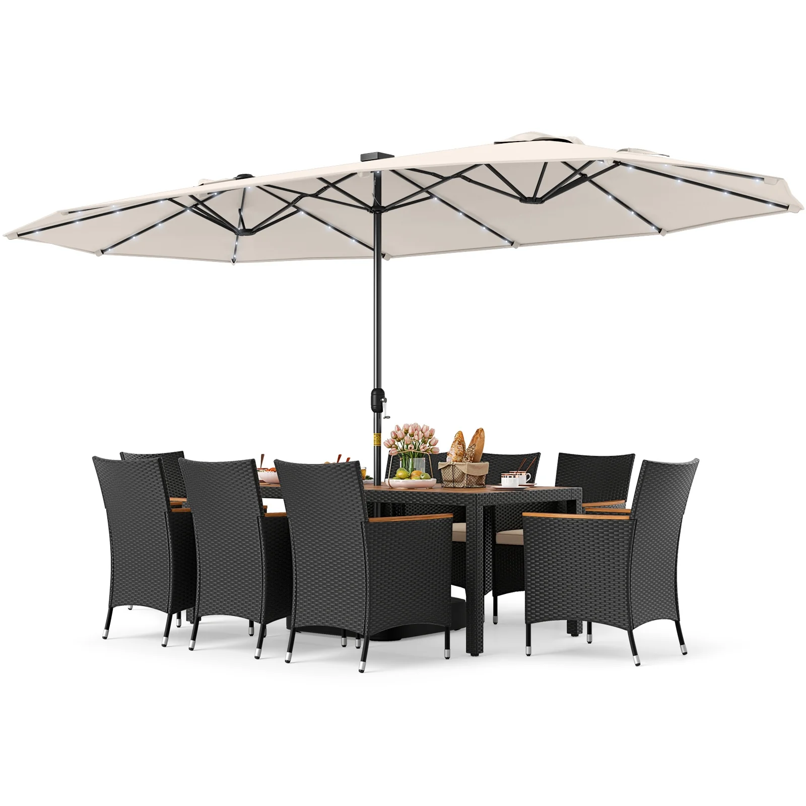 11 Piece Patio Dining Set With LED Umbrella, Base, Cushions, Beige - Image 5