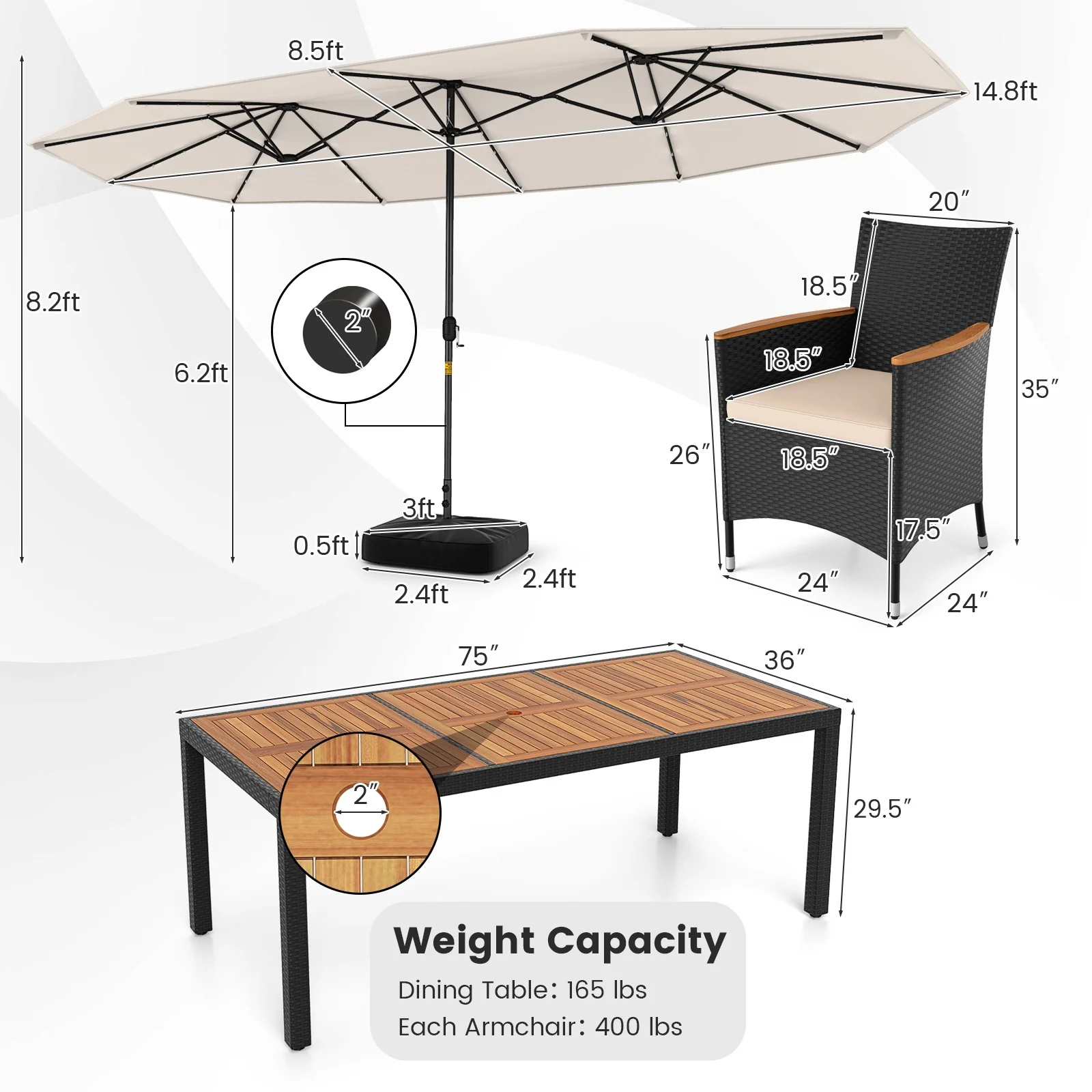 11 Piece Patio Dining Set With LED Umbrella, Base, Cushions, Beige - Image 6