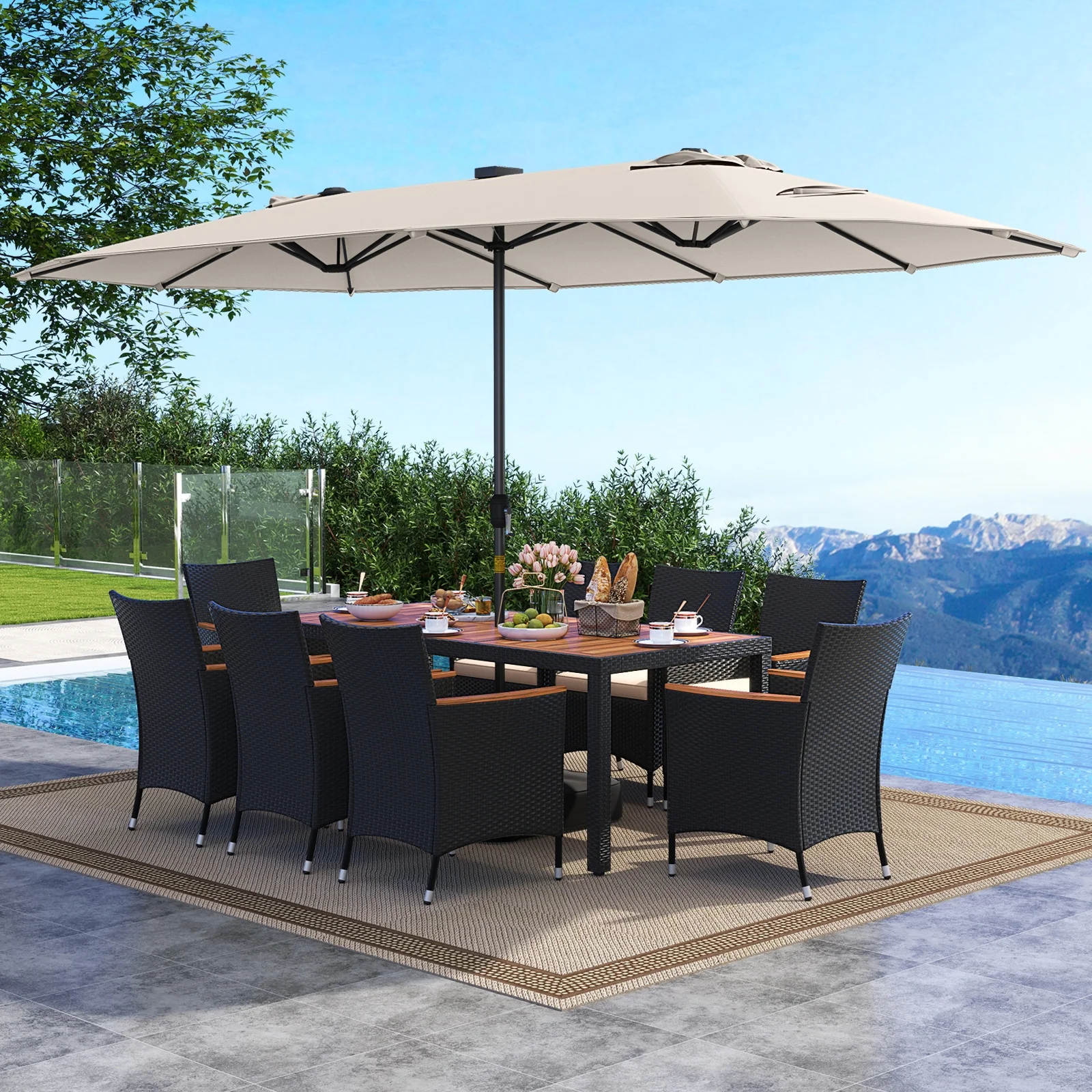 11 Piece Patio Dining Set With LED Umbrella, Base, Cushions, Beige - Image 7