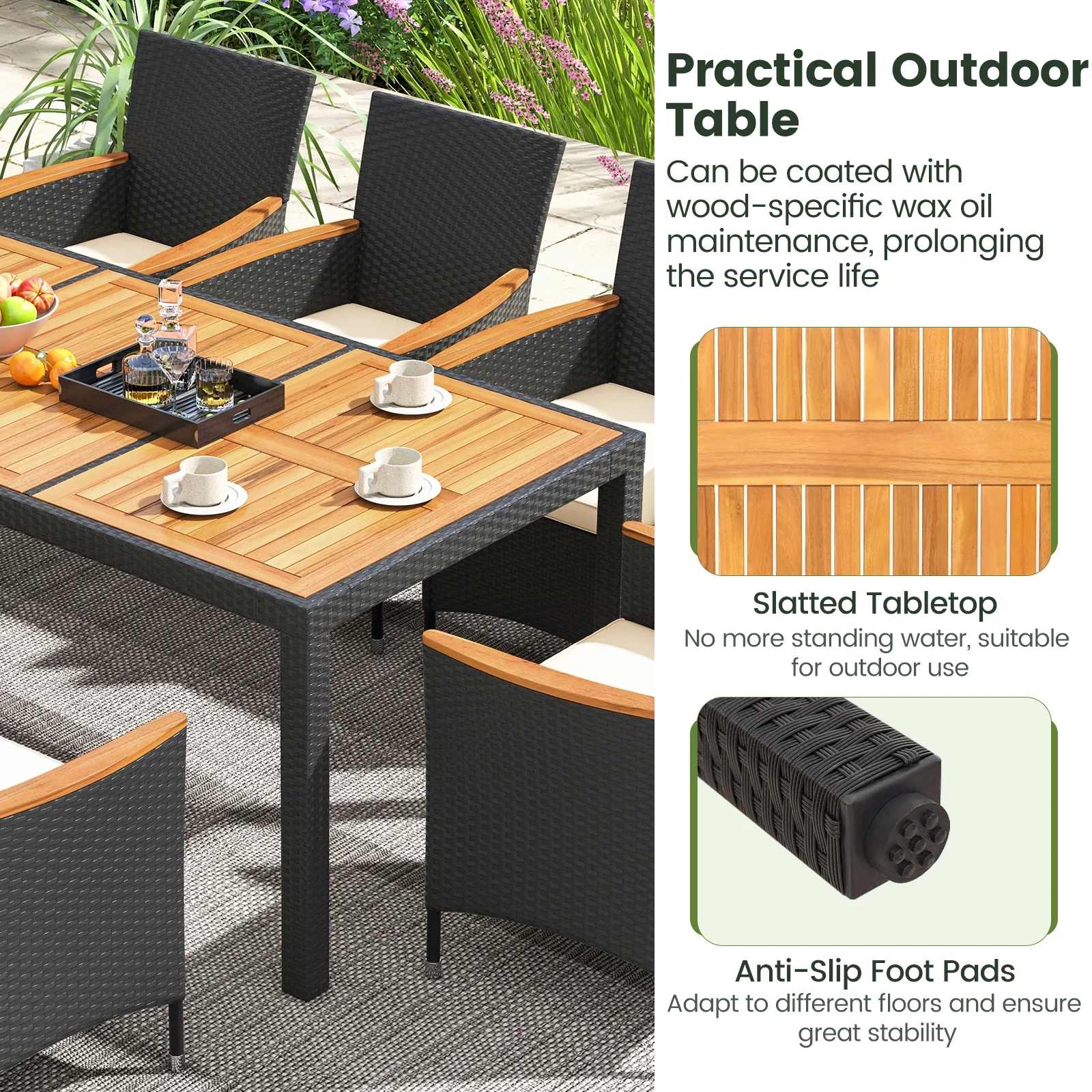 11 Piece Patio Dining Set With LED Umbrella, Base, Cushions, Beige - Image 8