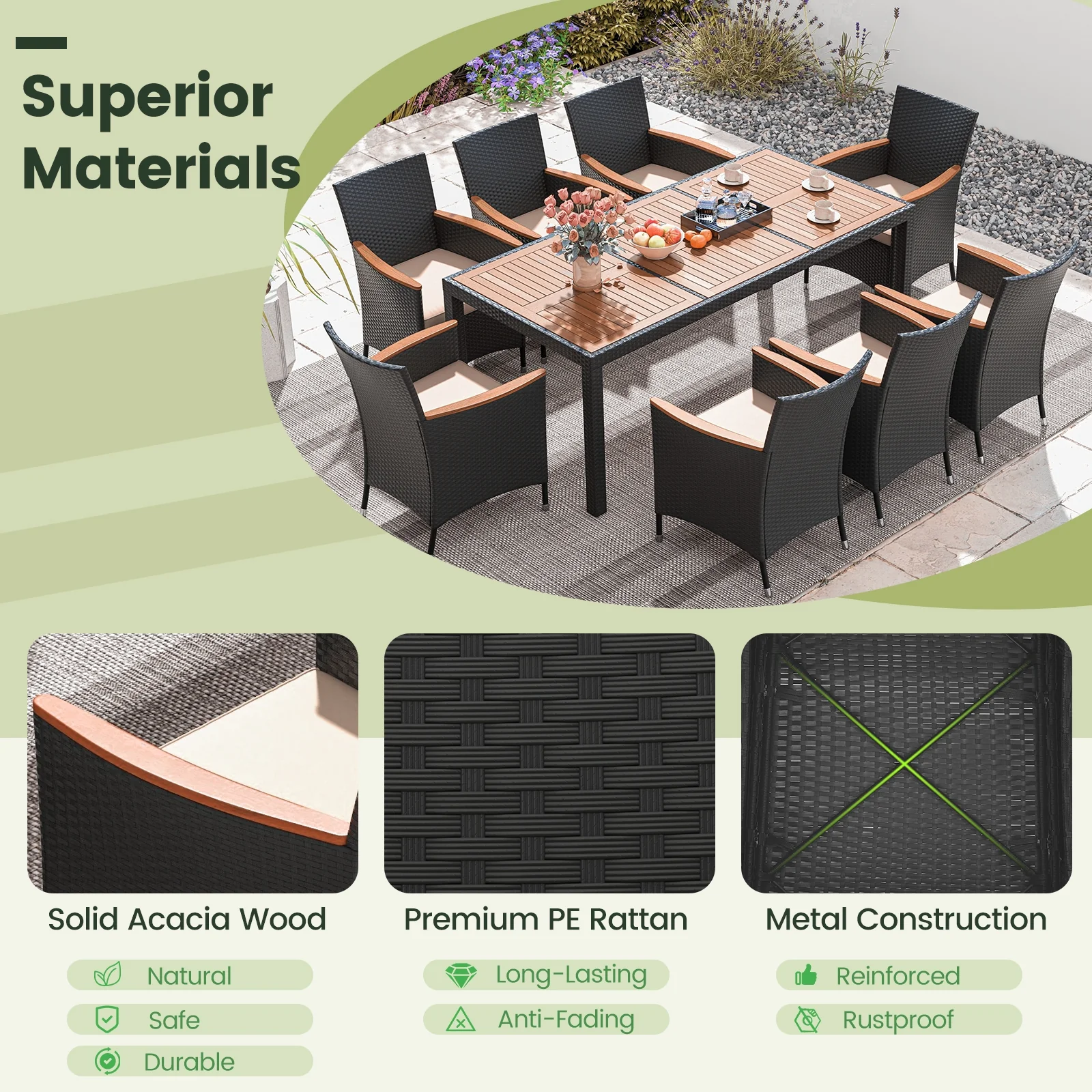 11 Piece Patio Dining Set With LED Umbrella, Base, Cushions, Beige - Image 9