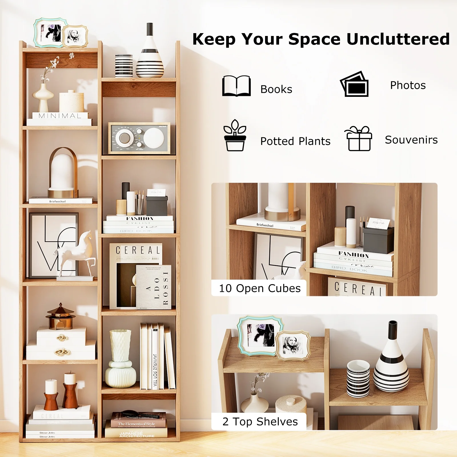 11-Tier Book Organizer Bookcase, Anti-Tipping Kits, Natural - Image 8