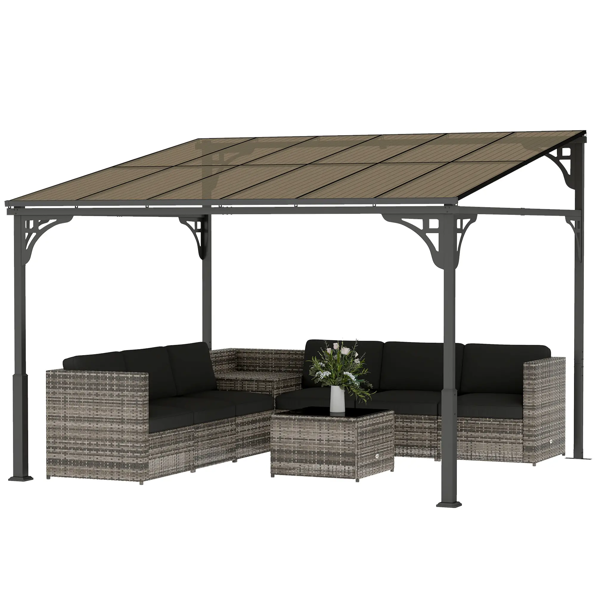 11' x 10' Outdoor Pergola, Wall Mounted Hardtop Gazebo, Polycarbonate Roof, Metal Frame