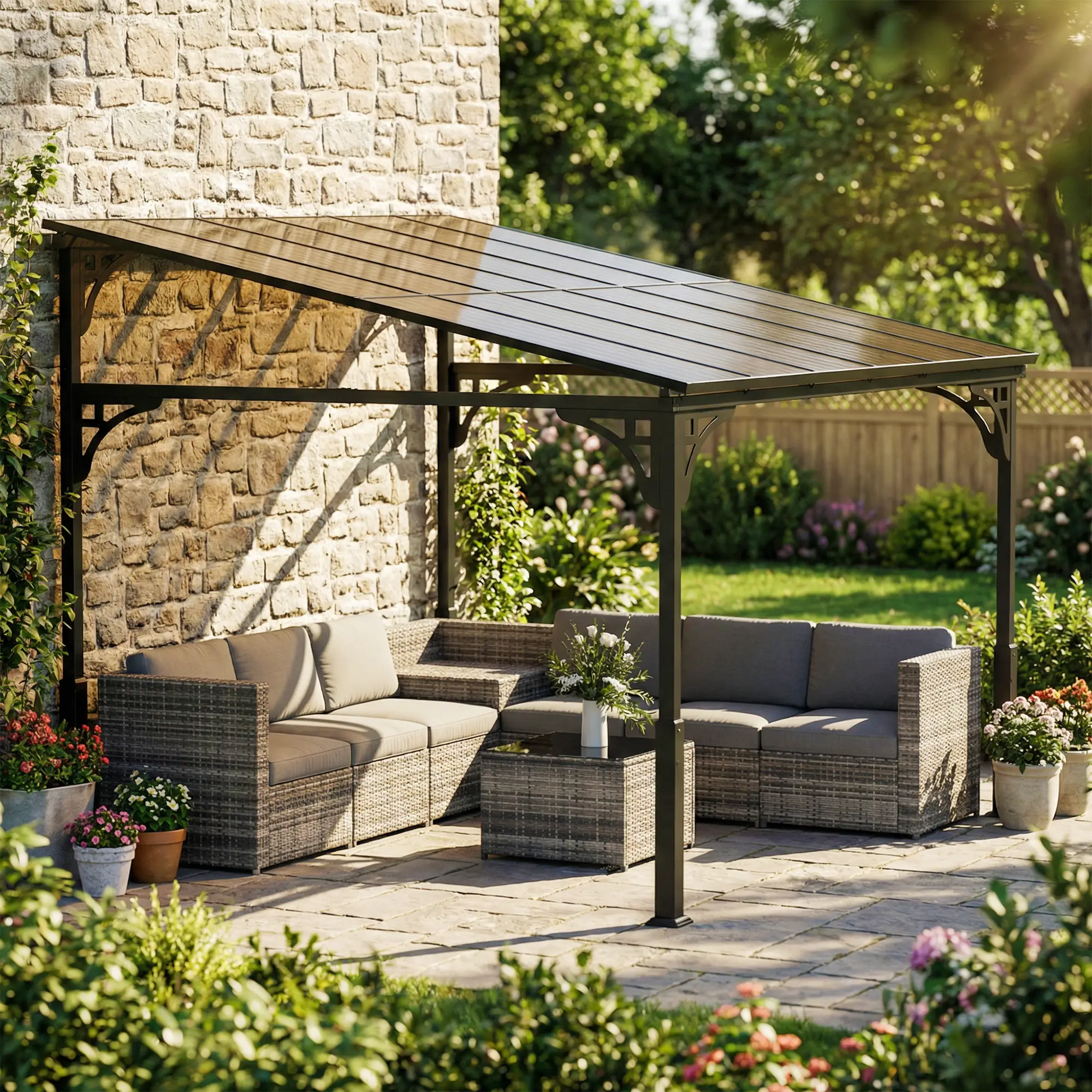 11' x 10' Outdoor Pergola, Wall Mounted Hardtop Gazebo, Polycarbonate Roof, Metal Frame - Image 10