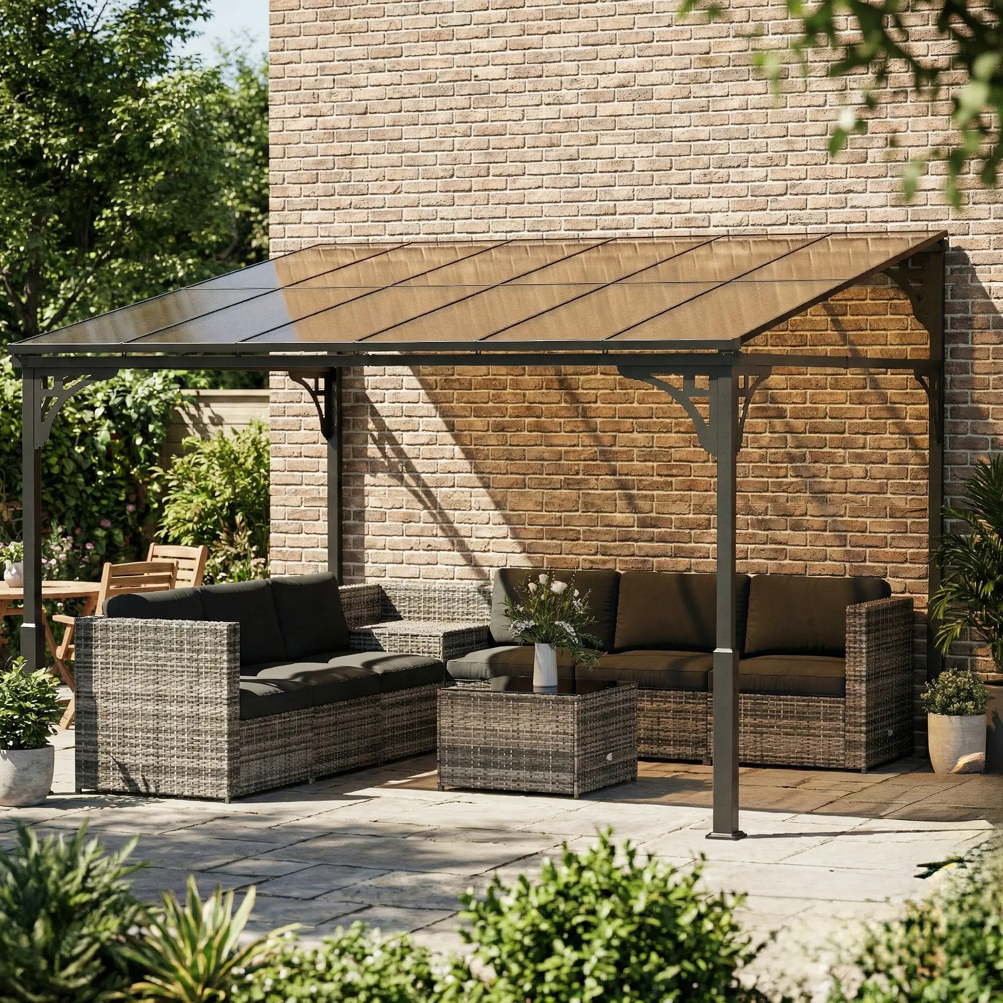 11' x 10' Outdoor Pergola, Wall Mounted Hardtop Gazebo, Polycarbonate Roof, Metal Frame - Image 2