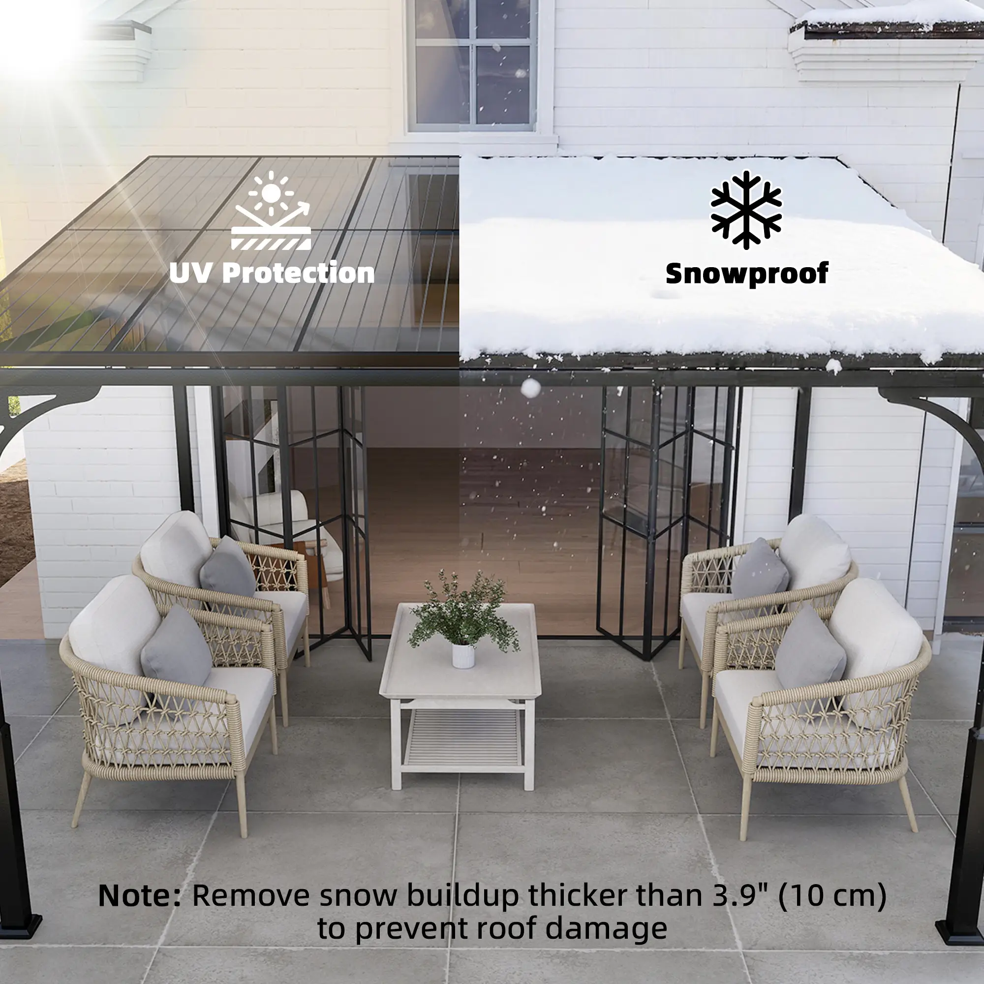11' x 10' Outdoor Pergola, Wall Mounted Hardtop Gazebo, Polycarbonate Roof, Metal Frame - Image 5