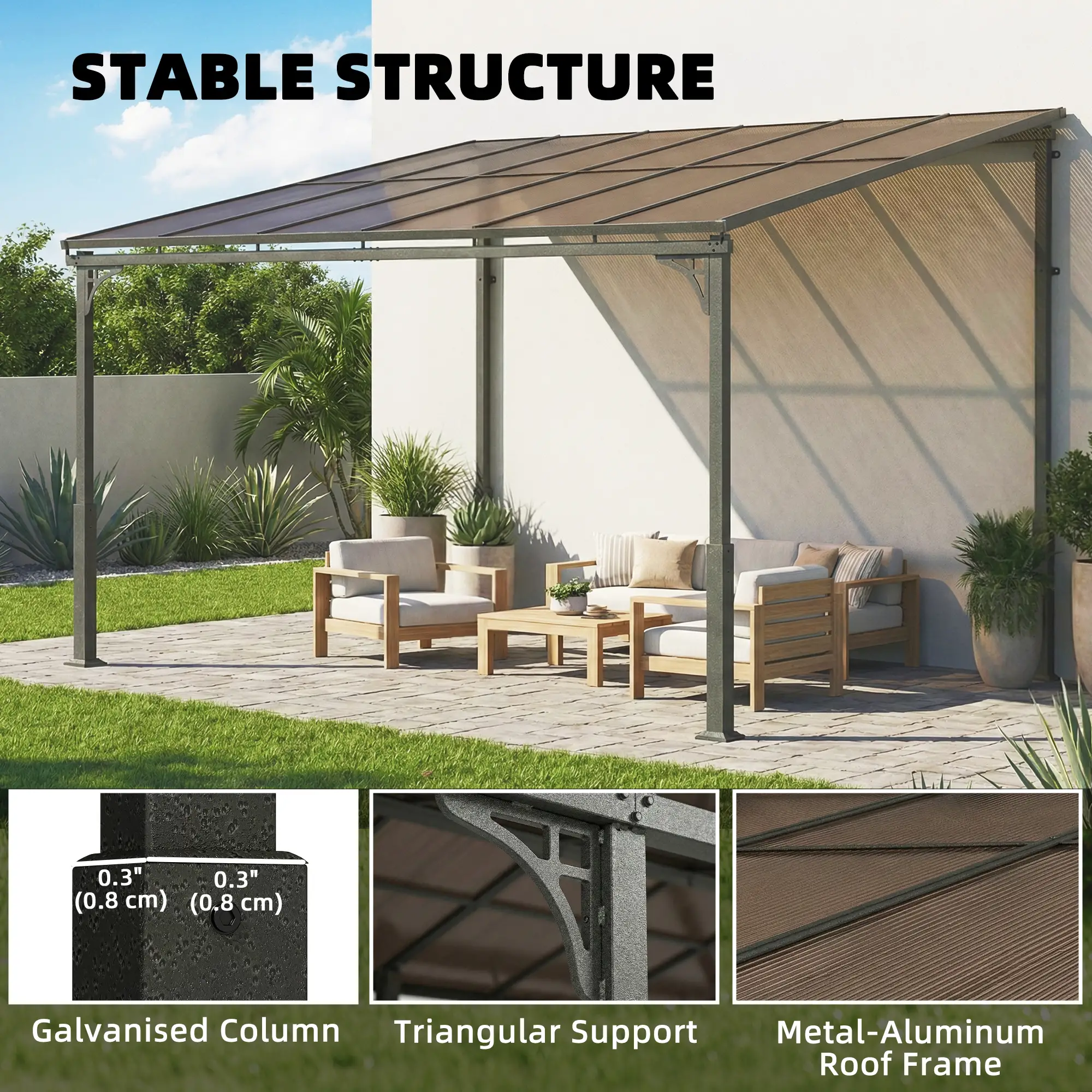 11' x 10' Outdoor Pergola, Wall Mounted Hardtop Gazebo, Polycarbonate Roof, Metal Frame - Image 7