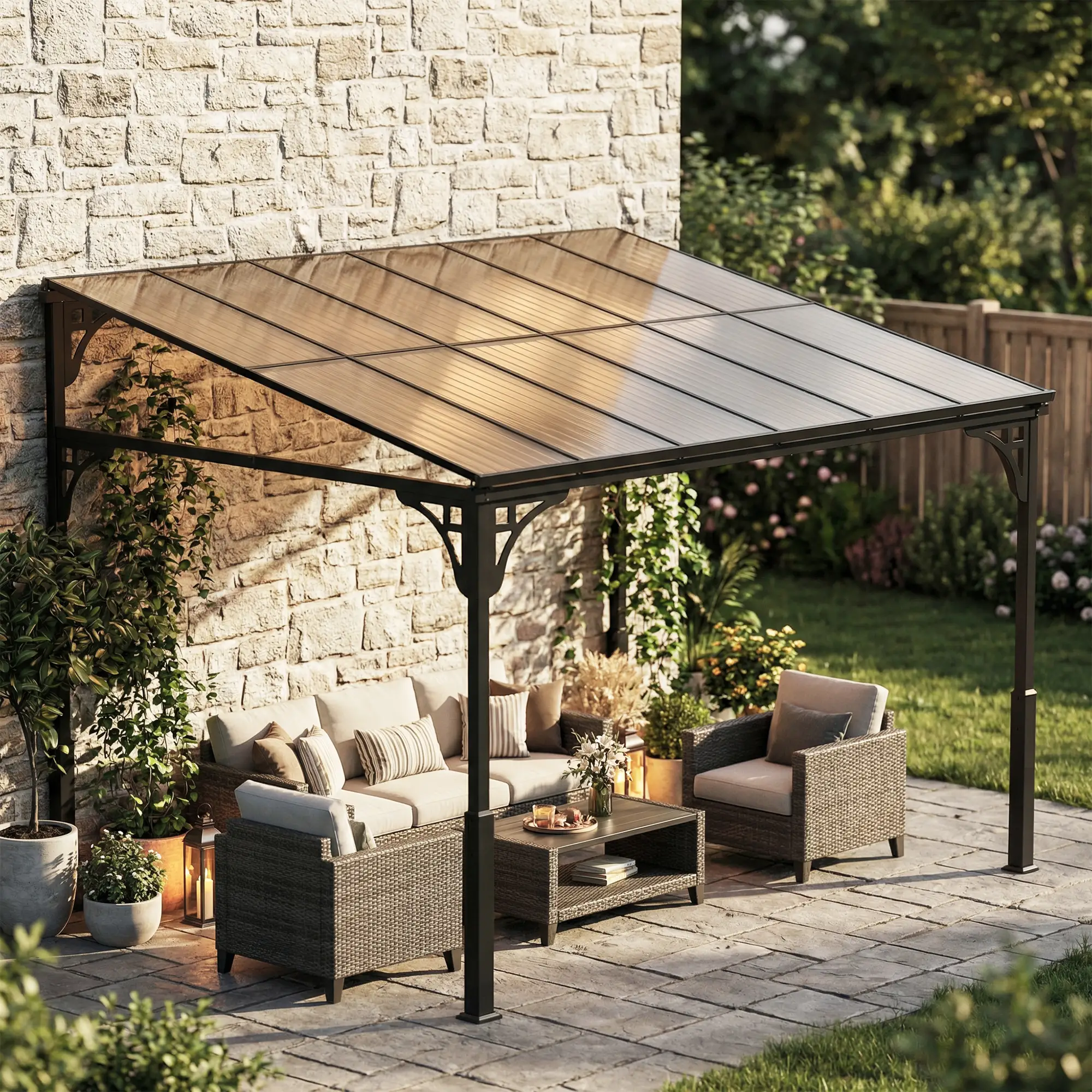 11' x 10' Outdoor Pergola, Wall Mounted Hardtop Gazebo, Polycarbonate Roof, Metal Frame - Image 9