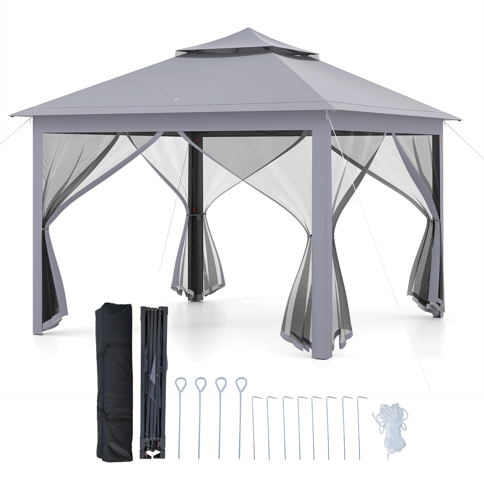 11 x 11 Feet 2-Tier Pop-Up Gazebo Tent Portable Canopy Shelter Carry Bag Mesh, Gray