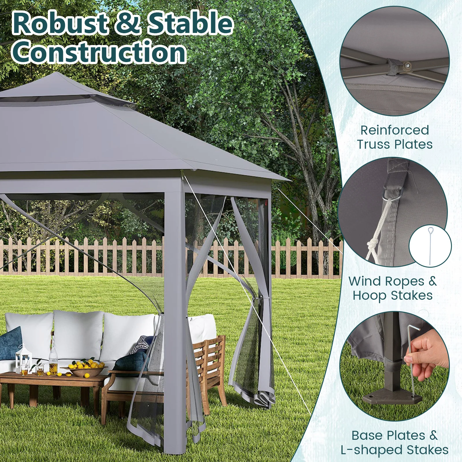11 x 11 Feet 2-Tier Pop-Up Gazebo Tent Portable Canopy Shelter Carry Bag Mesh, Gray - Image 10