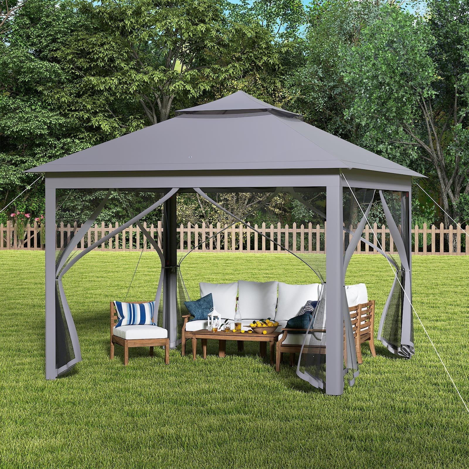 11 x 11 Feet 2-Tier Pop-Up Gazebo Tent Portable Canopy Shelter Carry Bag Mesh, Gray - Image 2