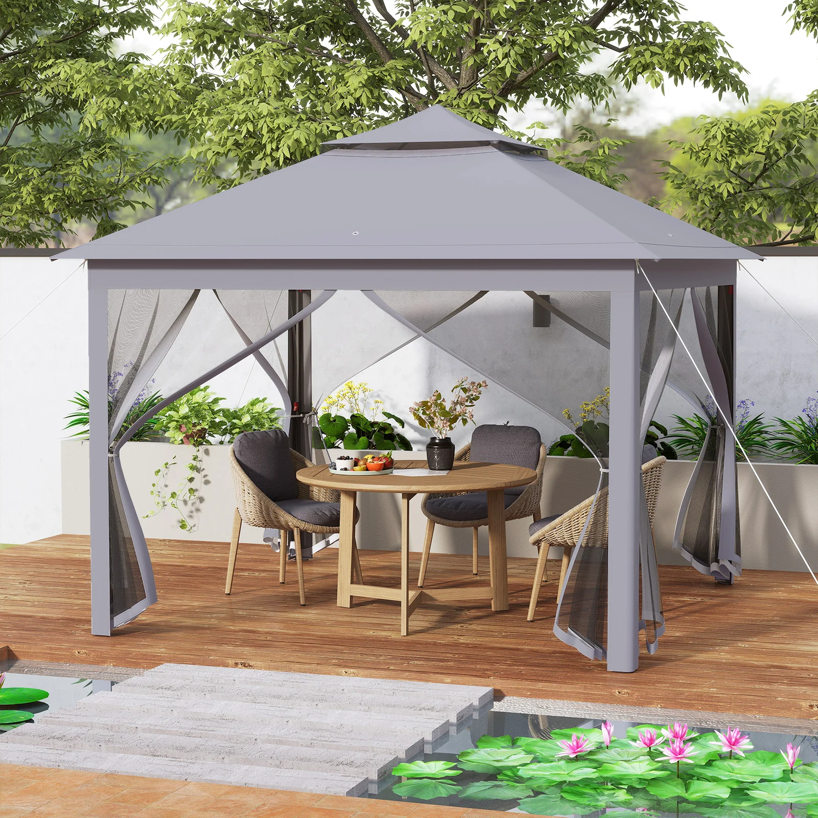 11 x 11 Feet 2-Tier Pop-Up Gazebo Tent Portable Canopy Shelter Carry Bag Mesh, Gray - Image 3