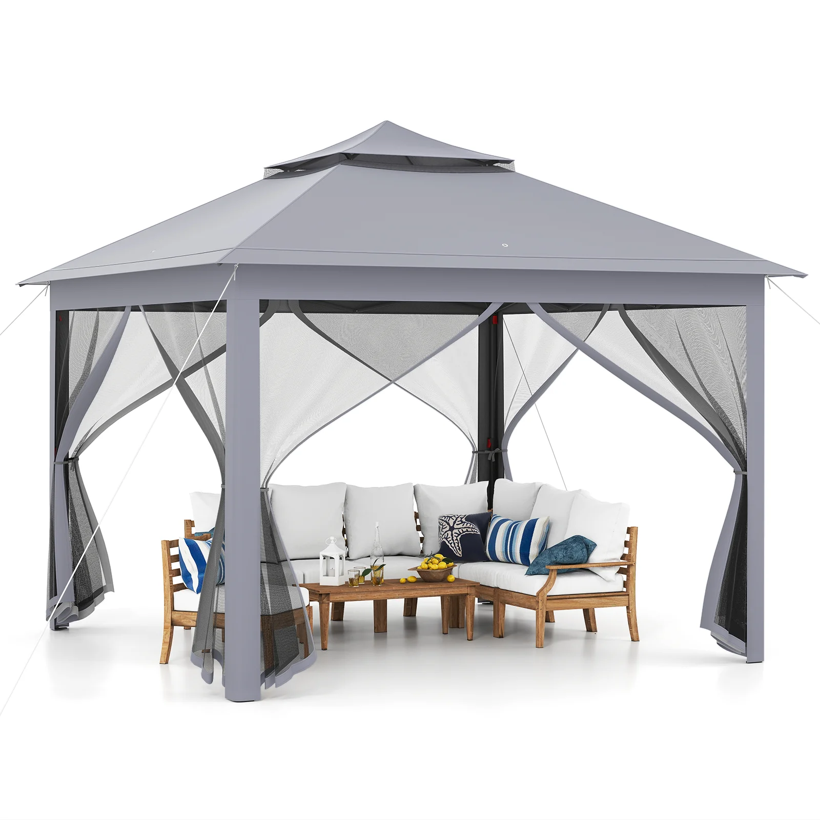 11 x 11 Feet 2-Tier Pop-Up Gazebo Tent Portable Canopy Shelter Carry Bag Mesh, Gray - Image 5